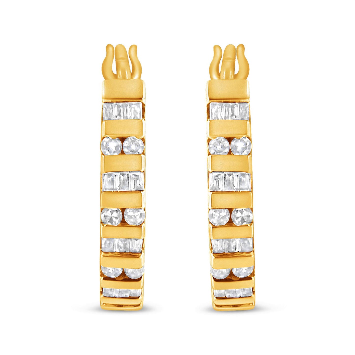 10K Gold Round and Baguette-Cut Diamond Hoop Earrings (I-J Color, I2-I3 Clarity)-3