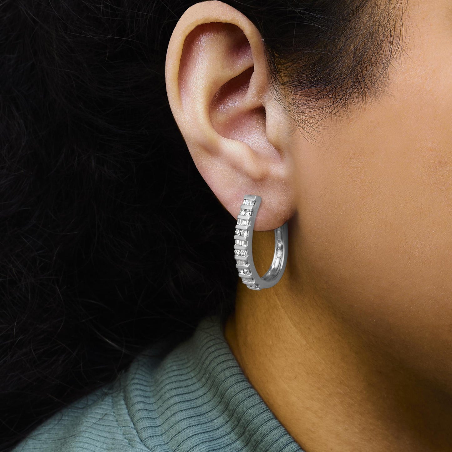 10K Gold Round and Baguette-Cut Diamond Hoop Earrings (I-J Color, I2-I3 Clarity)-4