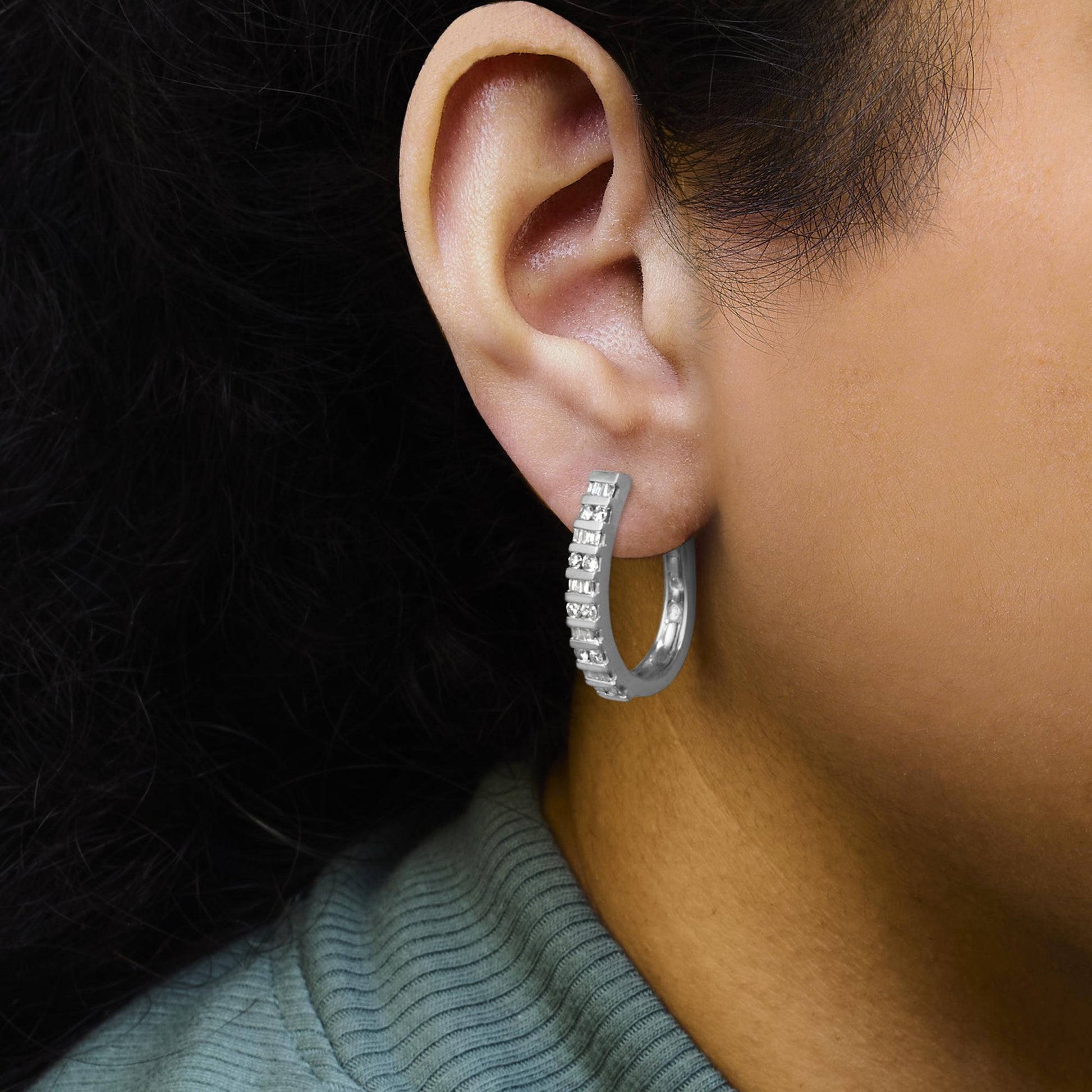 10K Gold Round and Baguette-Cut Diamond Hoop Earrings (I-J Color, I2-I3 Clarity)-4