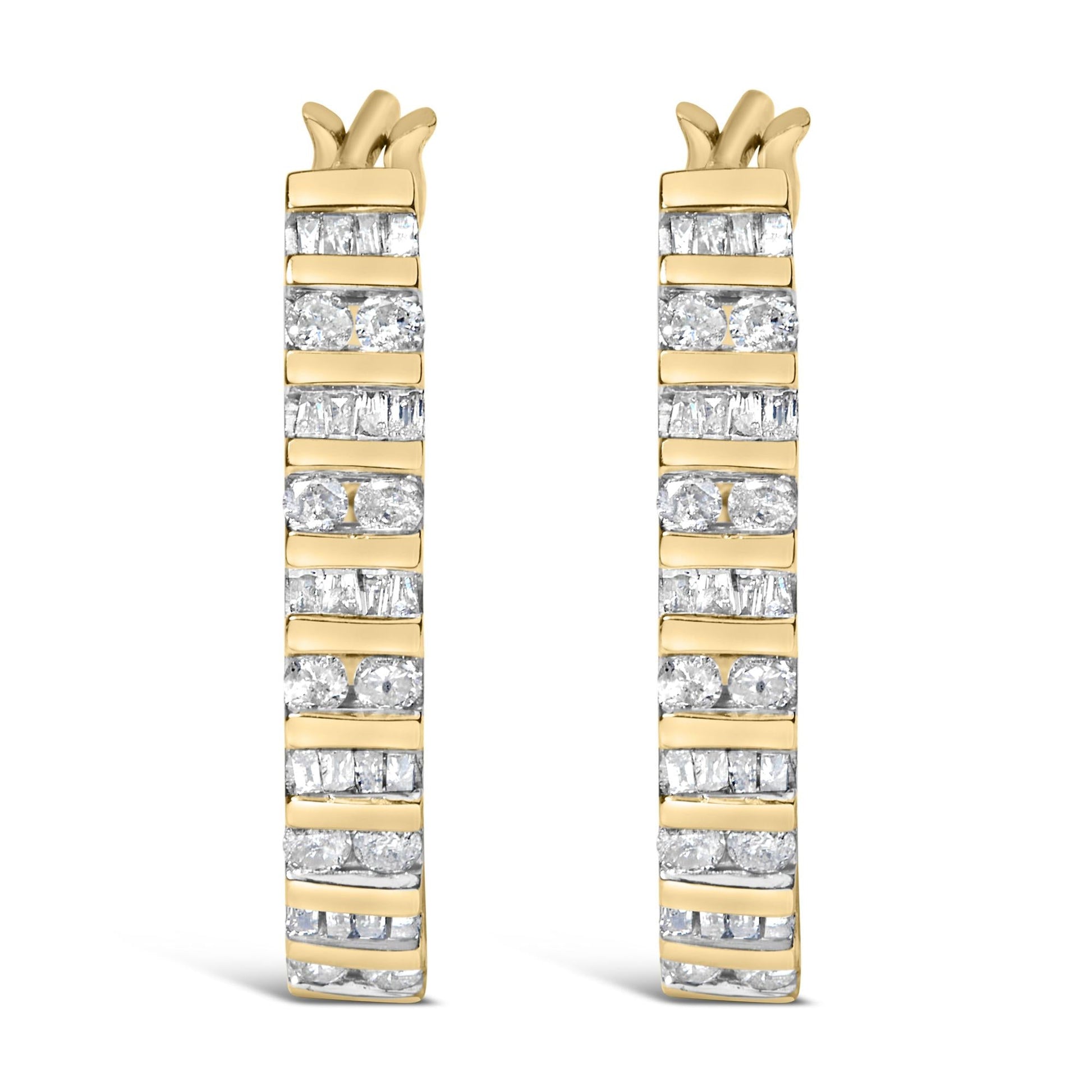 10K Yellow Gold 1.0 Cttw Alternating  Diamond "U" Hoop Earrings (I-J Color, I2-I3 Clarity)-2