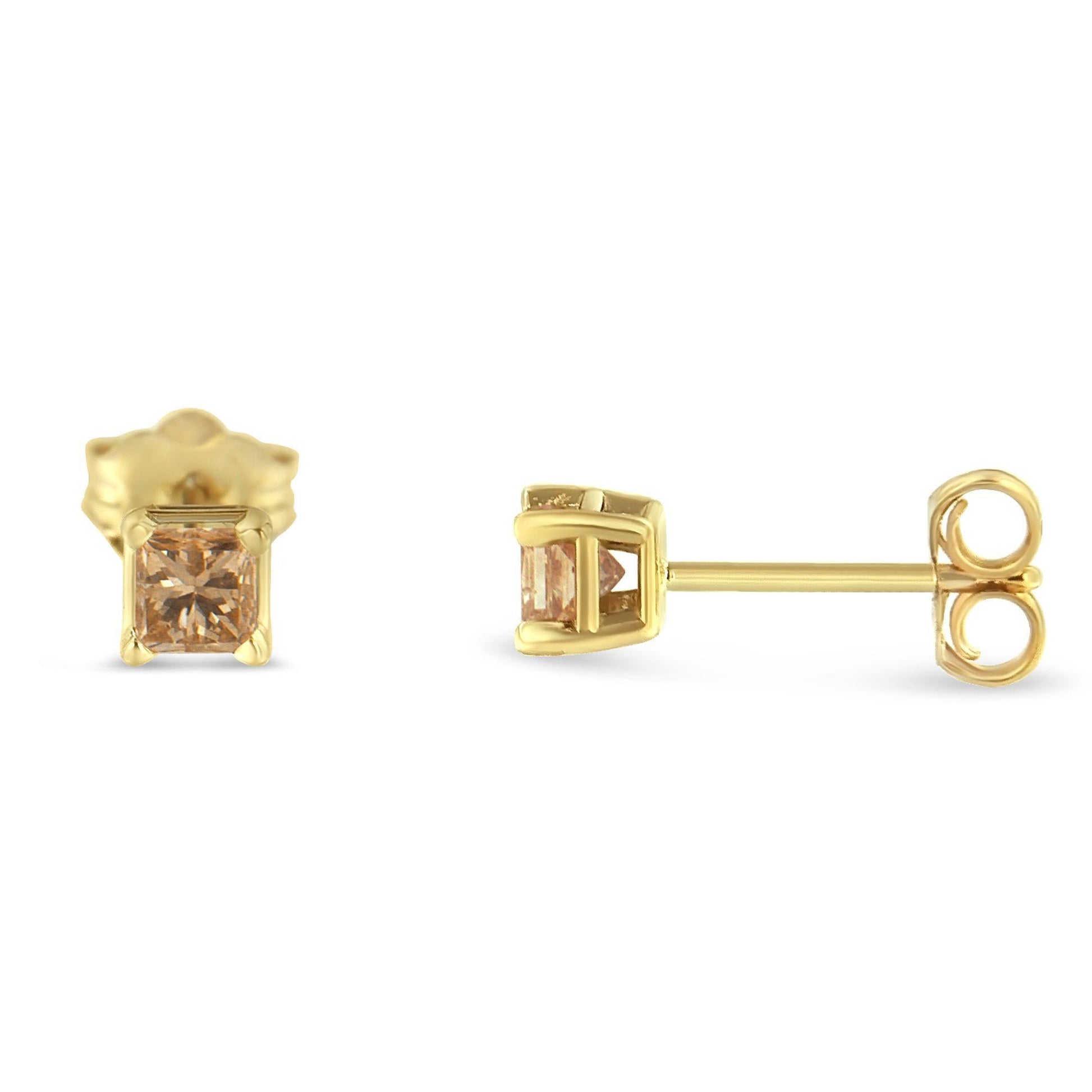 IGI Certified 14k Yellow Gold 4-Prong Set Princess-Cut Solitaire Diamond Push Back Stud Earrings (L-M Color, I1-I2 Clarity)-3