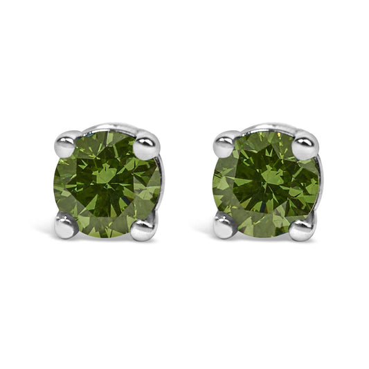 .925 Sterling Silver 1/4 Cttw Round Brilliant-Cut Green Diamond Classic 4-Prong Stud Earrings (Fancy Color-Enhanced, I2-I3 Clarity)-0