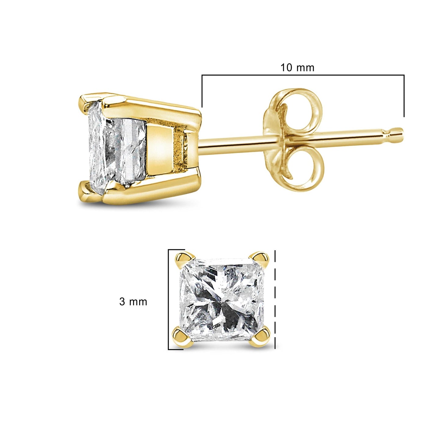IGI Certified 14k Yellow Gold 1/3 Cttw 4-Prong Set Princess-Cut Solitaire Diamond Push Back Stud Earrings (Q-R Color, I1-I2 Clarity)-4