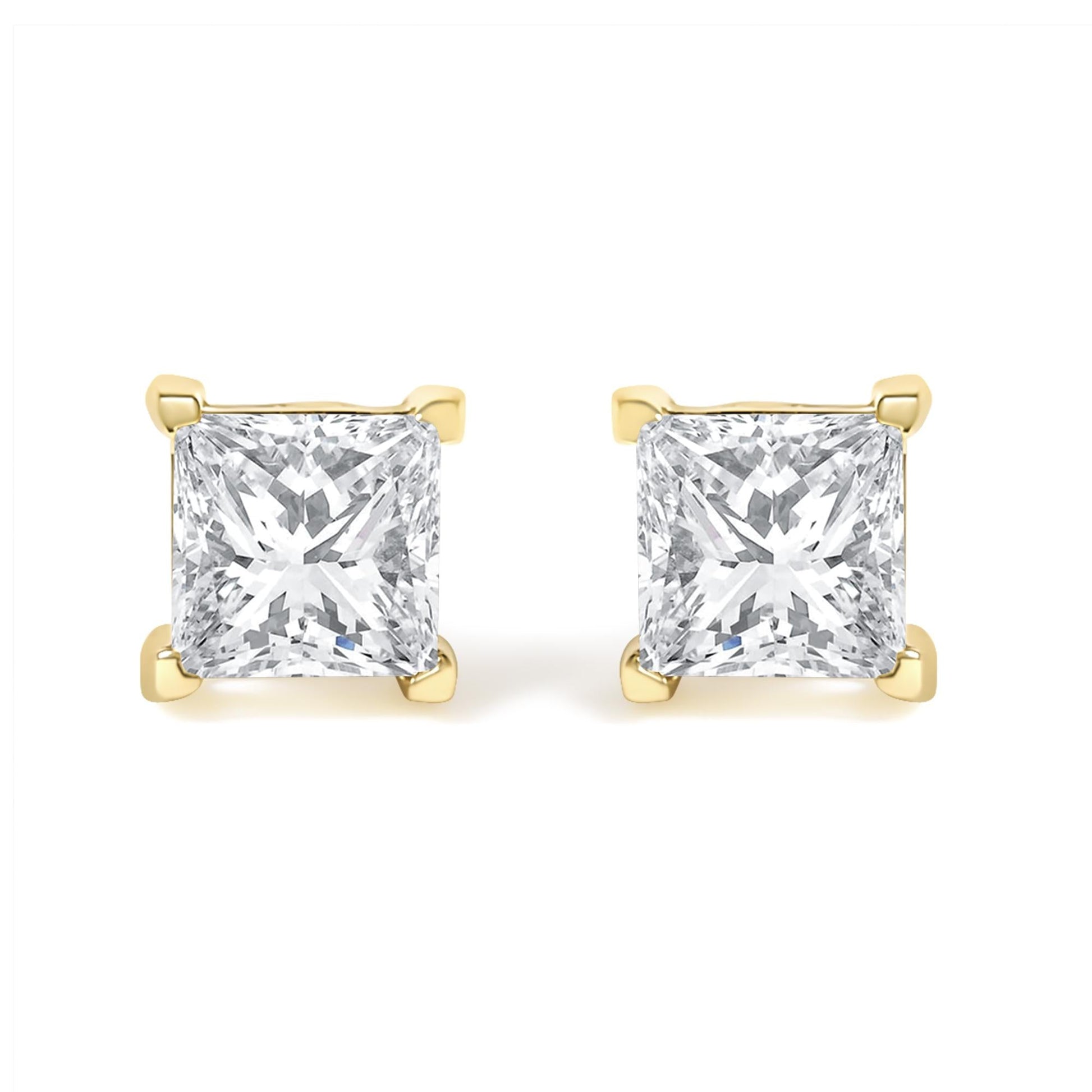 IGI Certified 14k Yellow Gold 4-Prong Set Princess-Cut Solitaire Diamond Push Back Stud Earrings (L-M Color, I1-I2 Clarity)-0