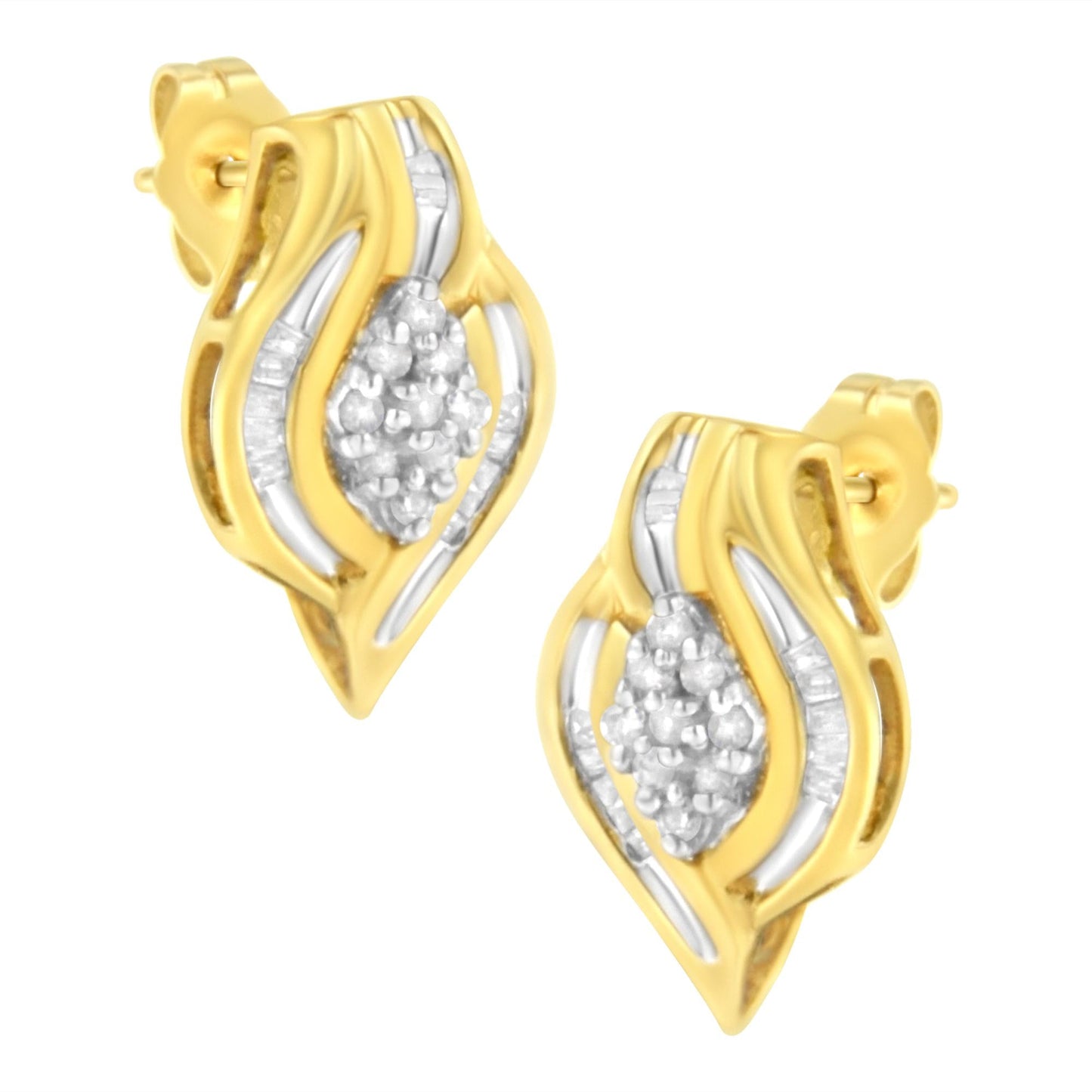 10K Yellow Gold 1/3 cttw Round-Cut Diamond Cluster and Swirl Stud Earrings (J-K Clarity, I2-I3 Color)-0