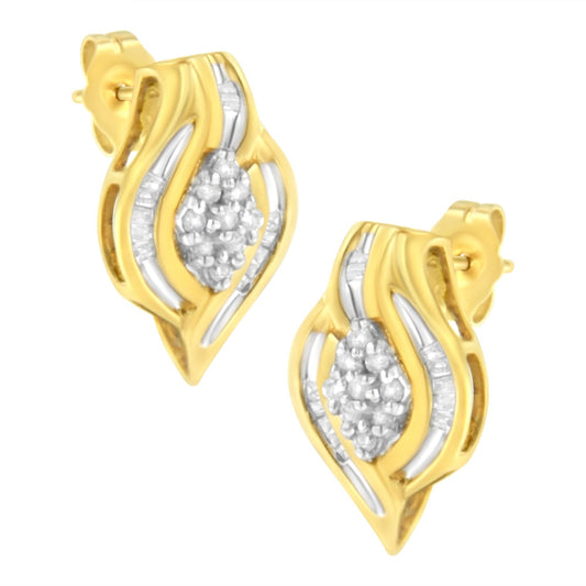 10K Yellow Gold 1/3 cttw Round-Cut Diamond Cluster and Swirl Stud Earrings (J-K Clarity, I2-I3 Color)-0