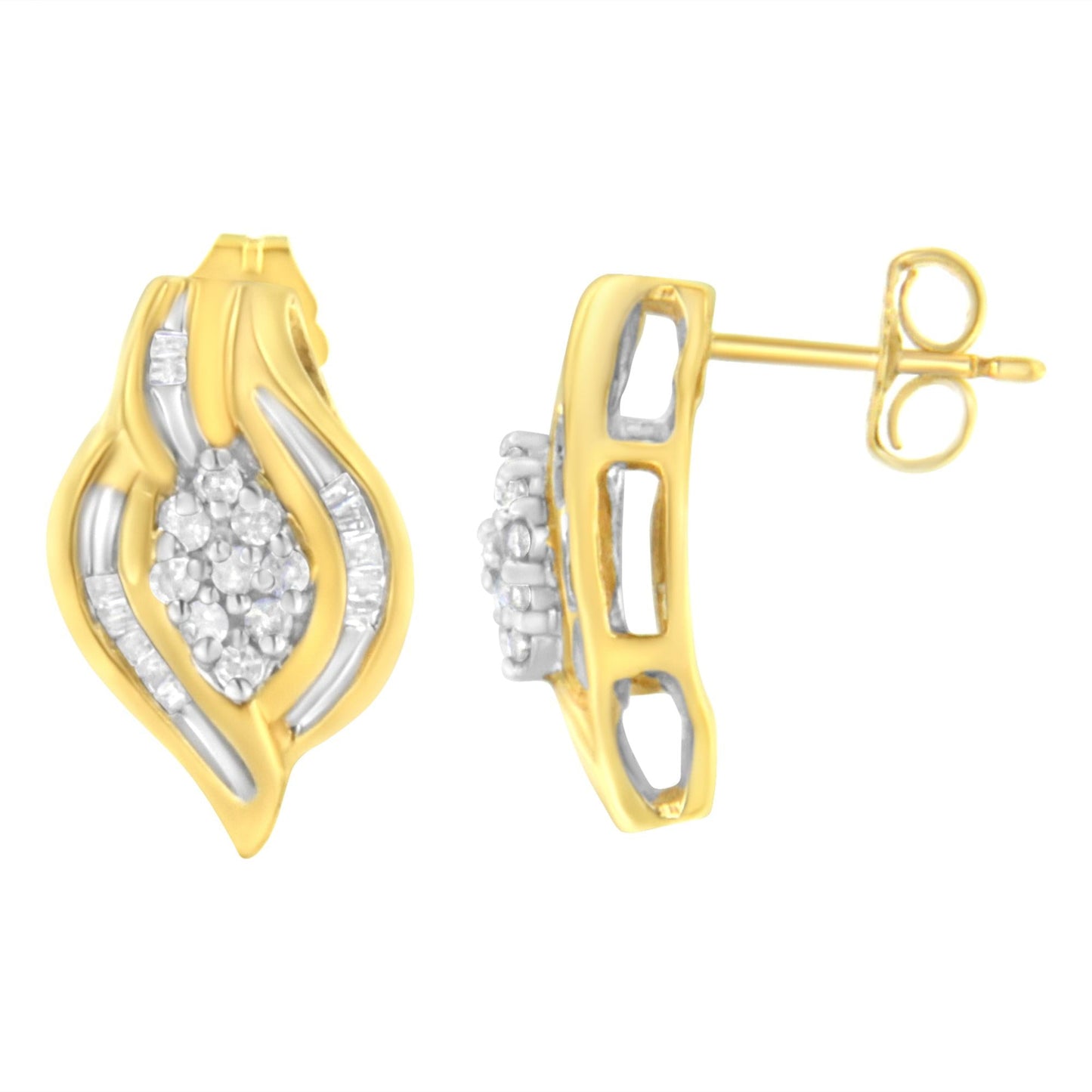 10K Yellow Gold 1/3 cttw Round-Cut Diamond Cluster and Swirl Stud Earrings (J-K Clarity, I2-I3 Color)-1