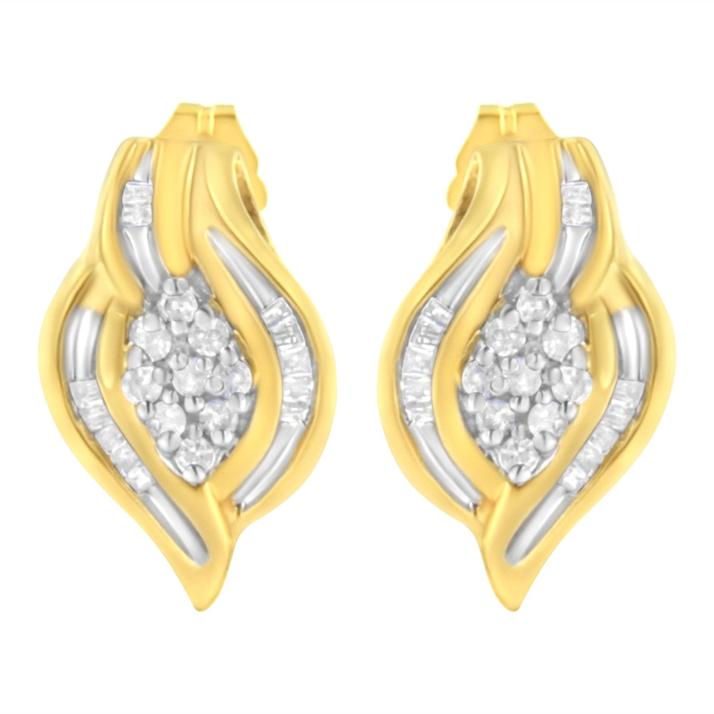 10K Yellow Gold 1/3 cttw Round-Cut Diamond Cluster and Swirl Stud Earrings (J-K Clarity, I2-I3 Color)-3