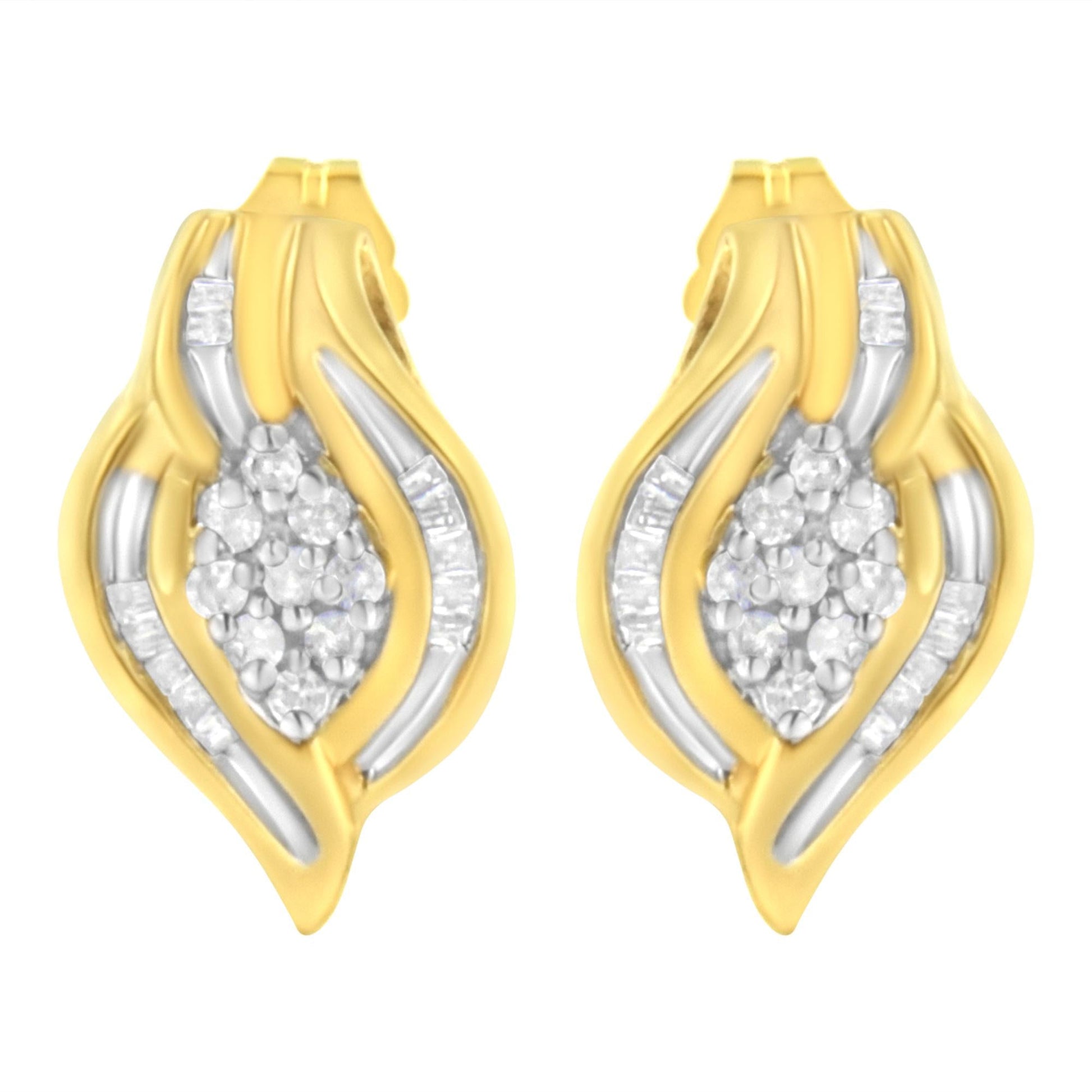 10K Yellow Gold 1/3 cttw Round-Cut Diamond Cluster and Swirl Stud Earrings (J-K Clarity, I2-I3 Color)-3