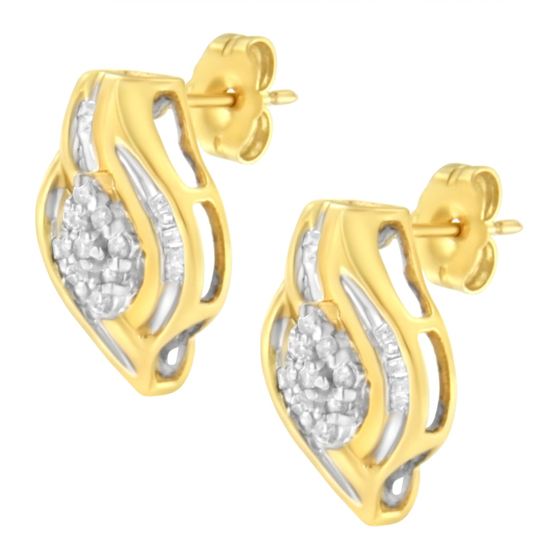 10K Yellow Gold 1/3 cttw Round-Cut Diamond Cluster and Swirl Stud Earrings (J-K Clarity, I2-I3 Color)-4