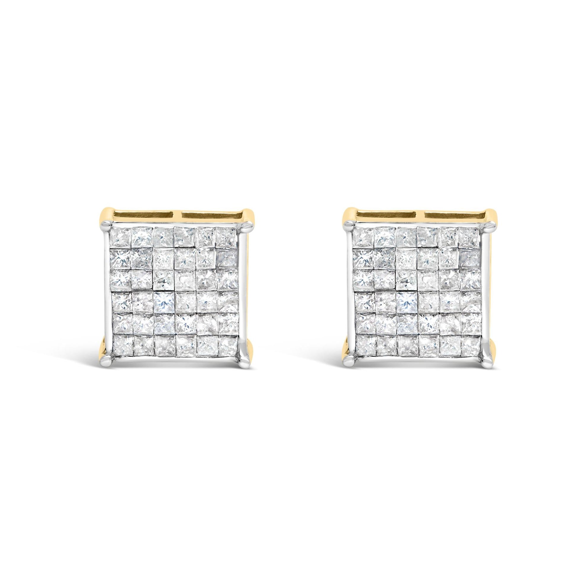 10K Yellow Gold 2.0 Cttw Invisible-Set Princess-Cut Diamond Stud Earrings-0