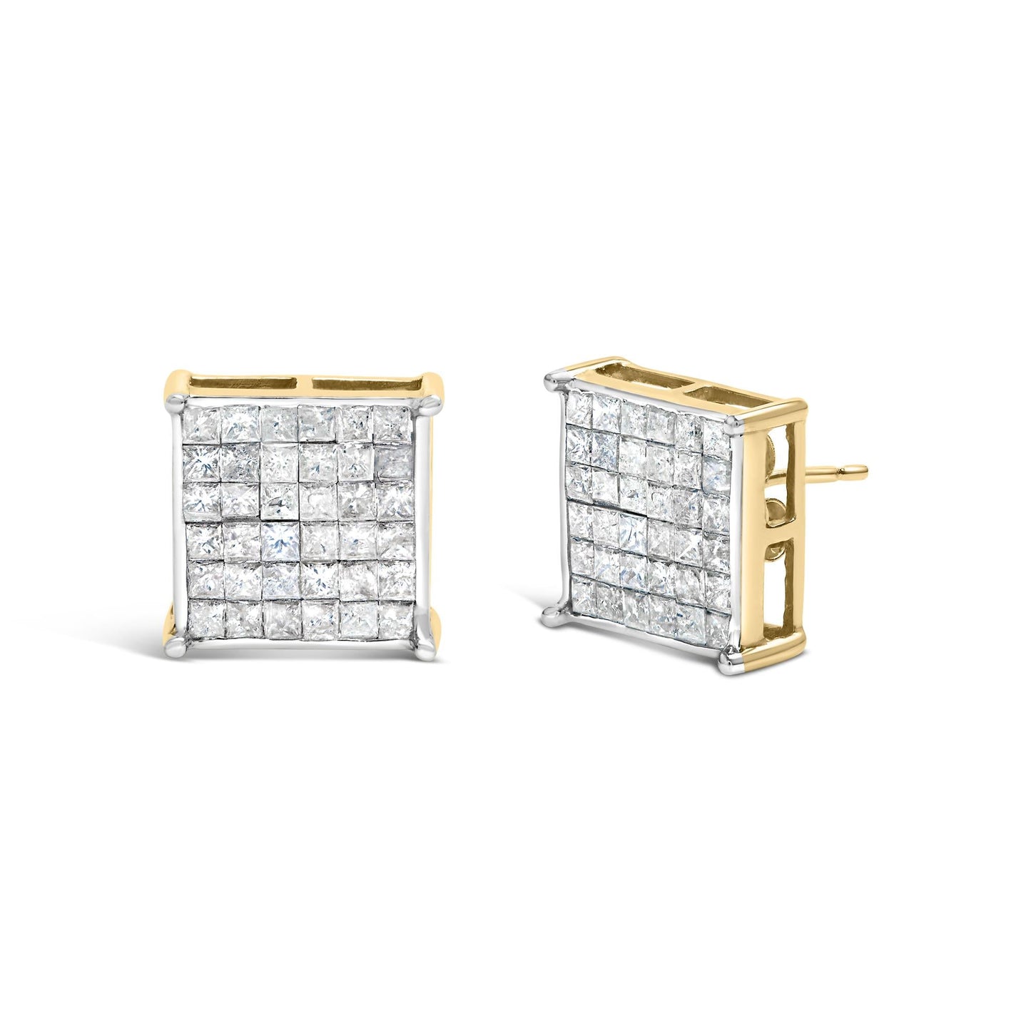 10K Yellow Gold 2.0 Cttw Invisible-Set Princess-Cut Diamond Stud Earrings-1