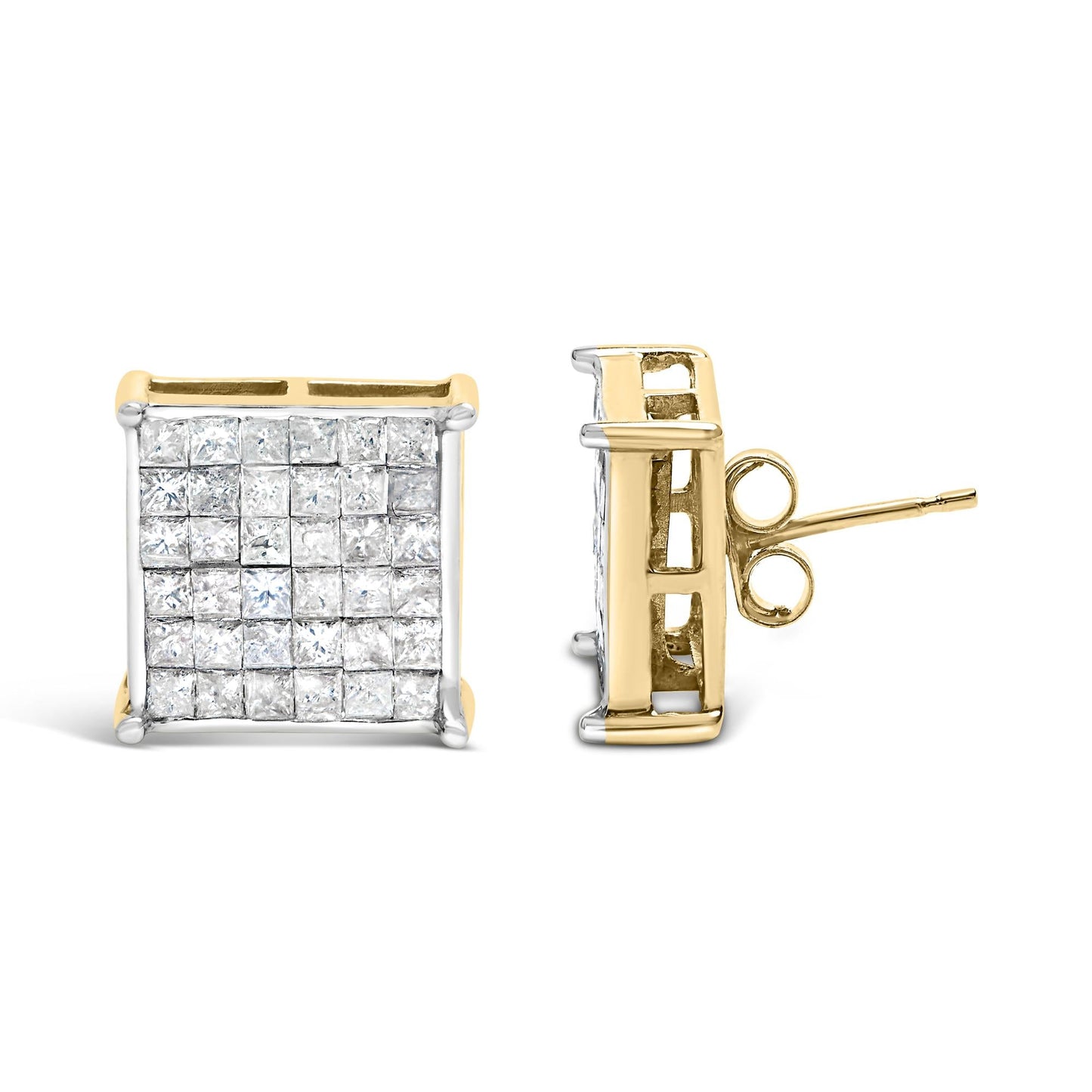 10K Yellow Gold 2.0 Cttw Invisible-Set Princess-Cut Diamond Stud Earrings-3