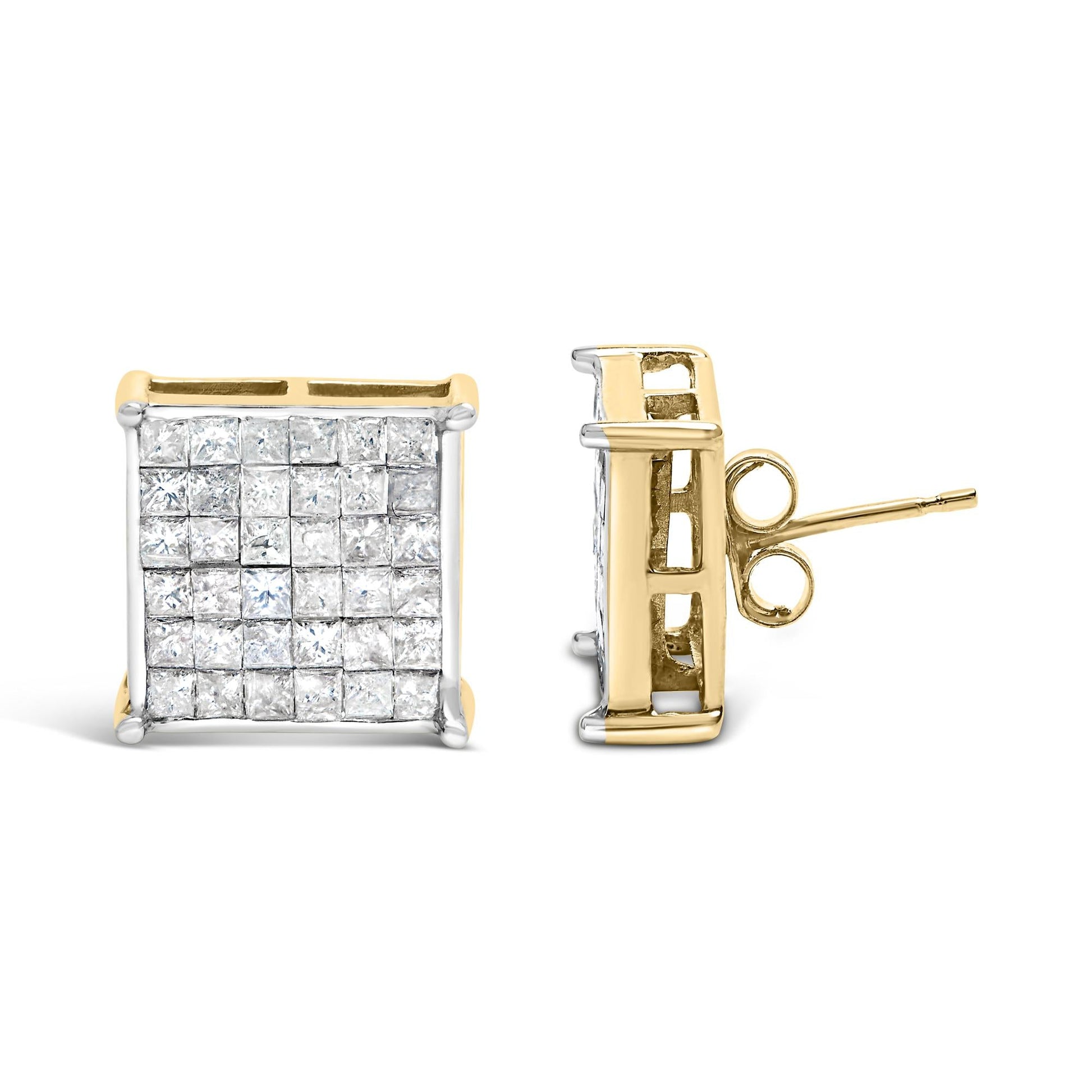 10K Yellow Gold 2.0 Cttw Invisible-Set Princess-Cut Diamond Stud Earrings-3