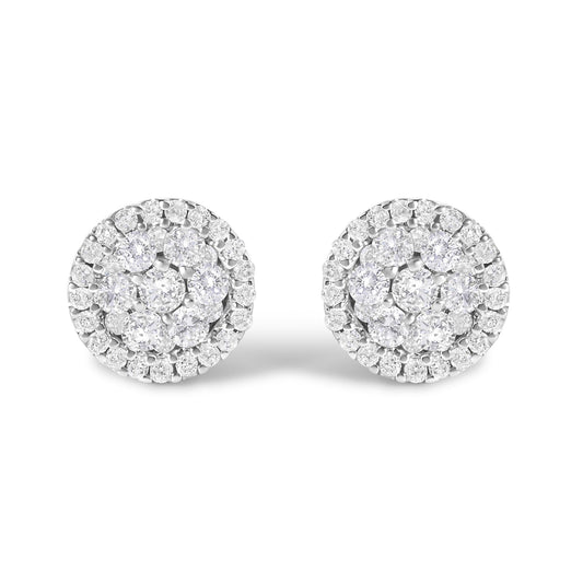 14K White Gold 1.0 Cttw Brilliant-Cut Diamond Halo-Style Cluster Round Button Stud Earrings (H-I Color, I1-I2 Clarity)-0