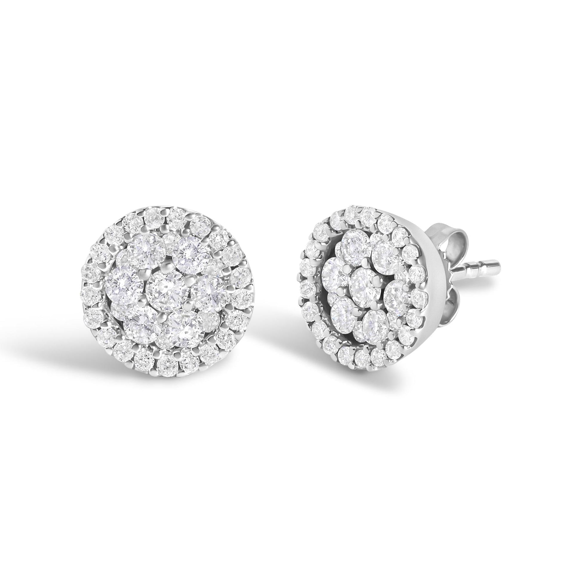 AGS Certified 14K White Gold 1.0 Cttw Brilliant-Cut Diamond Halo-Style Cluster Round Button Stud Earrings (G-H Color, I1-I2 Clarity)-1