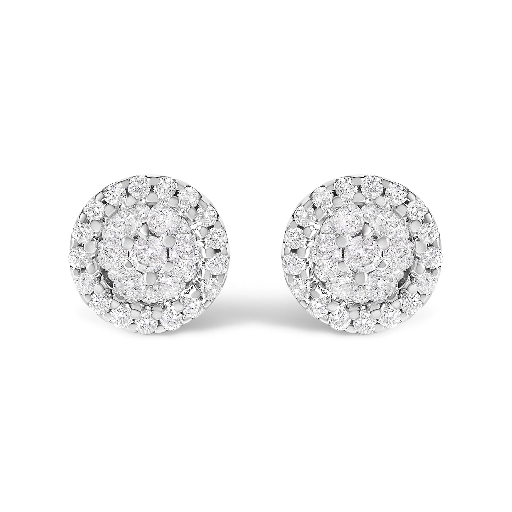 14K White Gold 1/2 Cttw Brilliant-Cut Diamond Halo-Style Cluster Round Button Stud Earrings (H-I Color, I1-I2 Clarity)-0