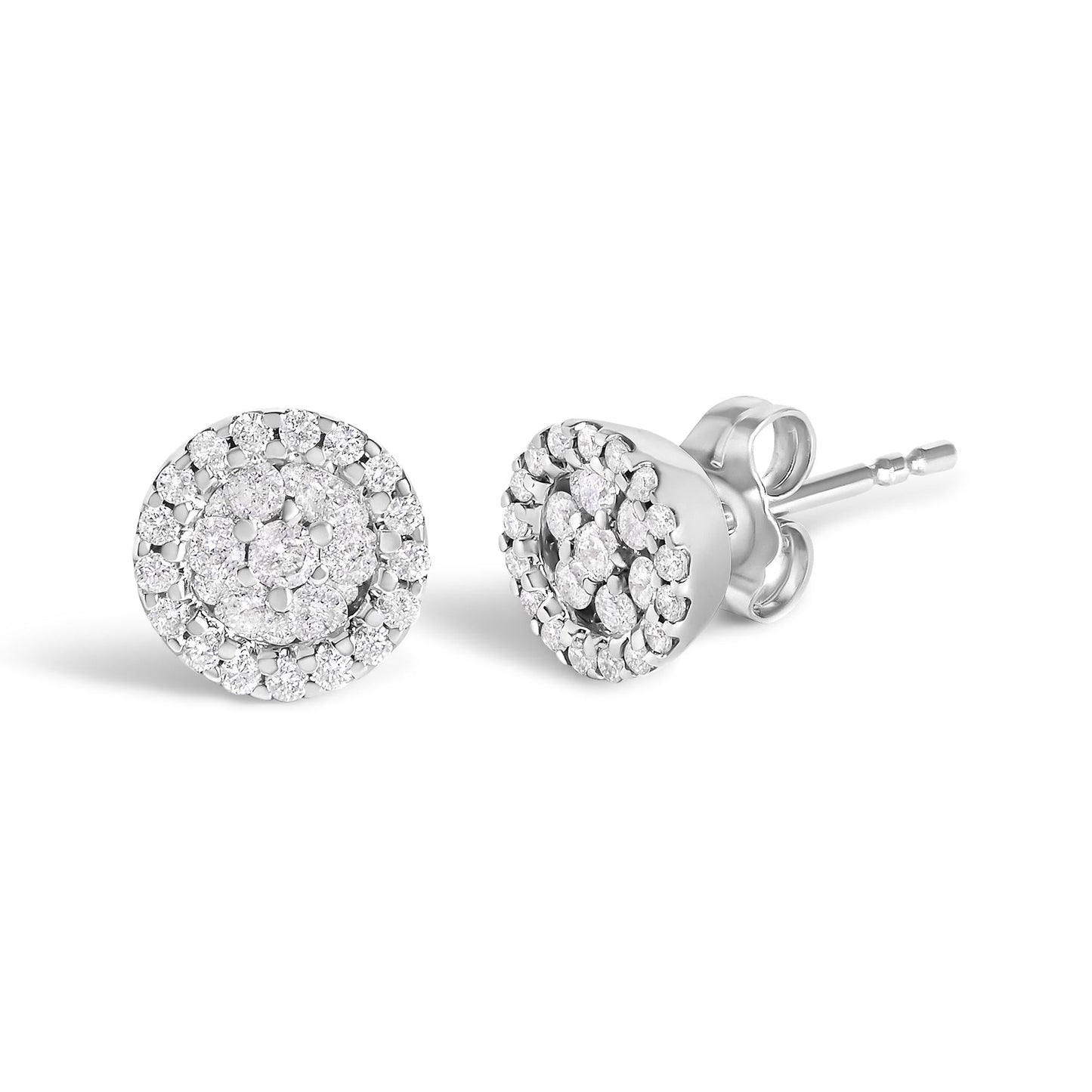 14K White Gold 1/2 Cttw Brilliant-Cut Diamond Halo-Style Cluster Round Button Stud Earrings (H-I Color, I1-I2 Clarity)-1