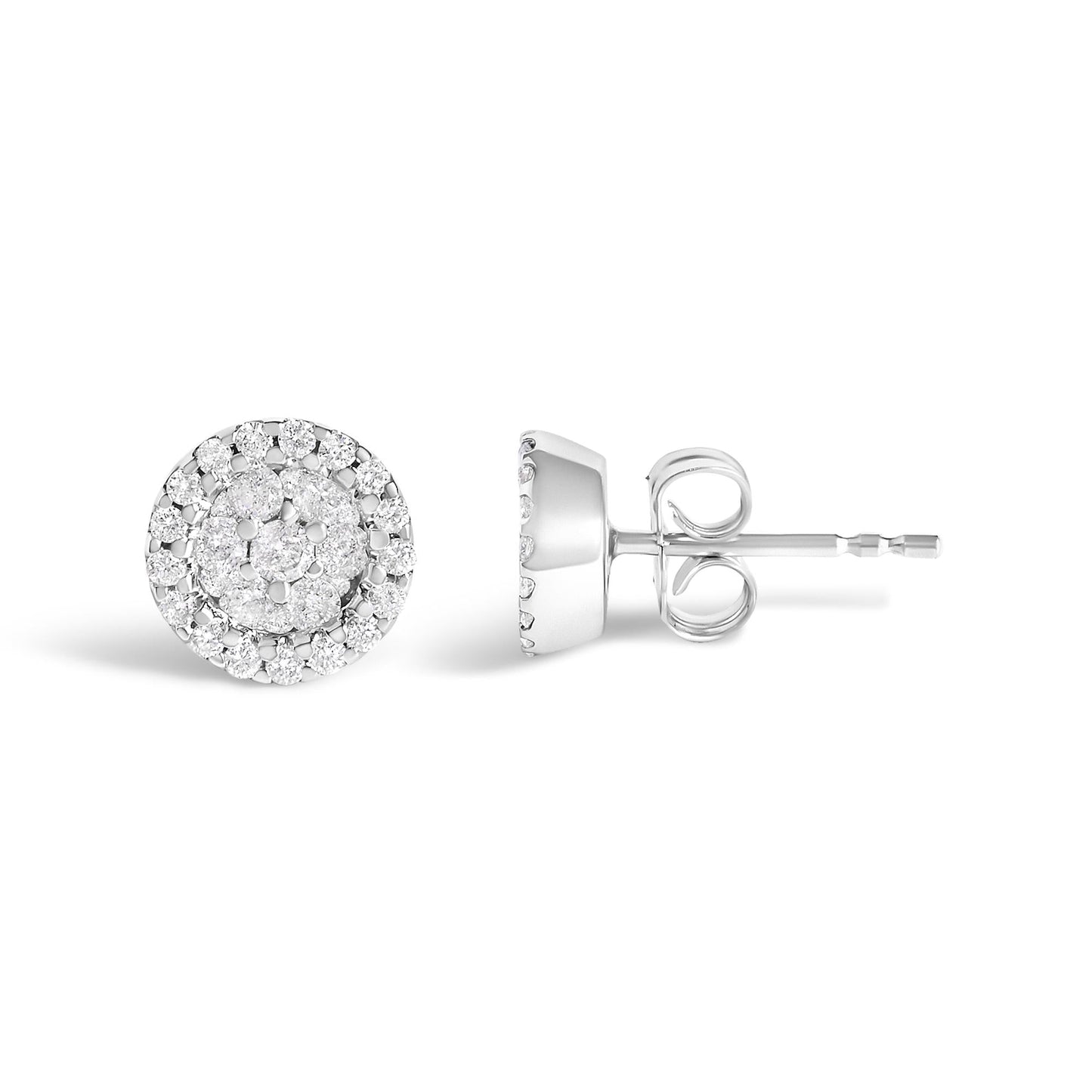 14K White Gold 1/2 Cttw Brilliant-Cut Diamond Halo-Style Cluster Round Button Stud Earrings (H-I Color, I1-I2 Clarity)-3