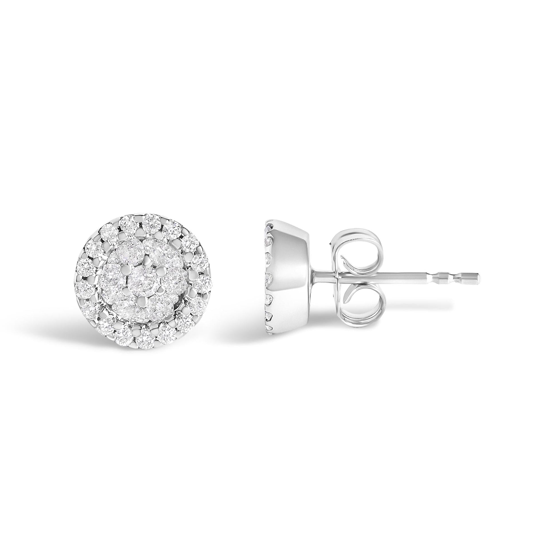 14K White Gold 1/2 Cttw Brilliant-Cut Diamond Halo-Style Cluster Round Button Stud Earrings (H-I Color, I1-I2 Clarity)-3