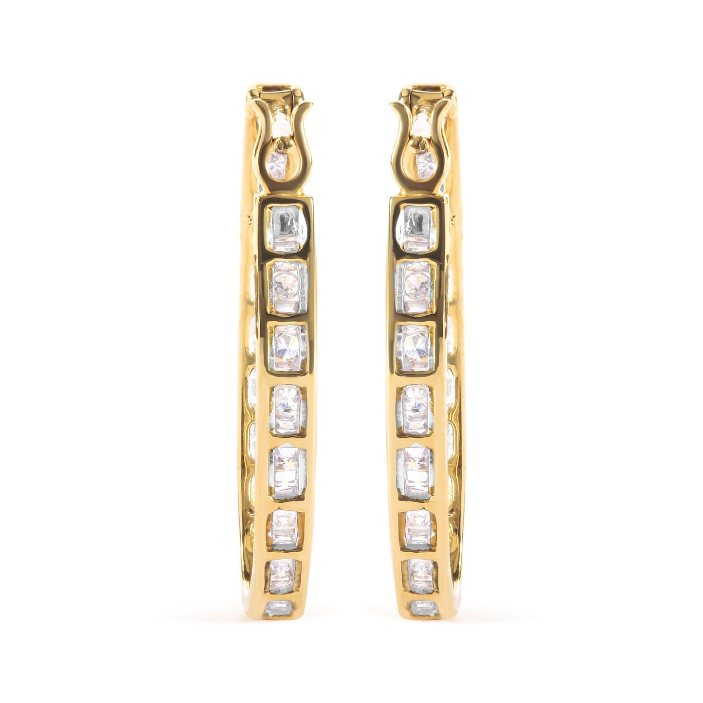 10K Yellow Gold 1.00 Cttw Round and Baguette-Cut Diamond U-Hoop Earrings (H-I Color, SI2-I1 Clarity)-3