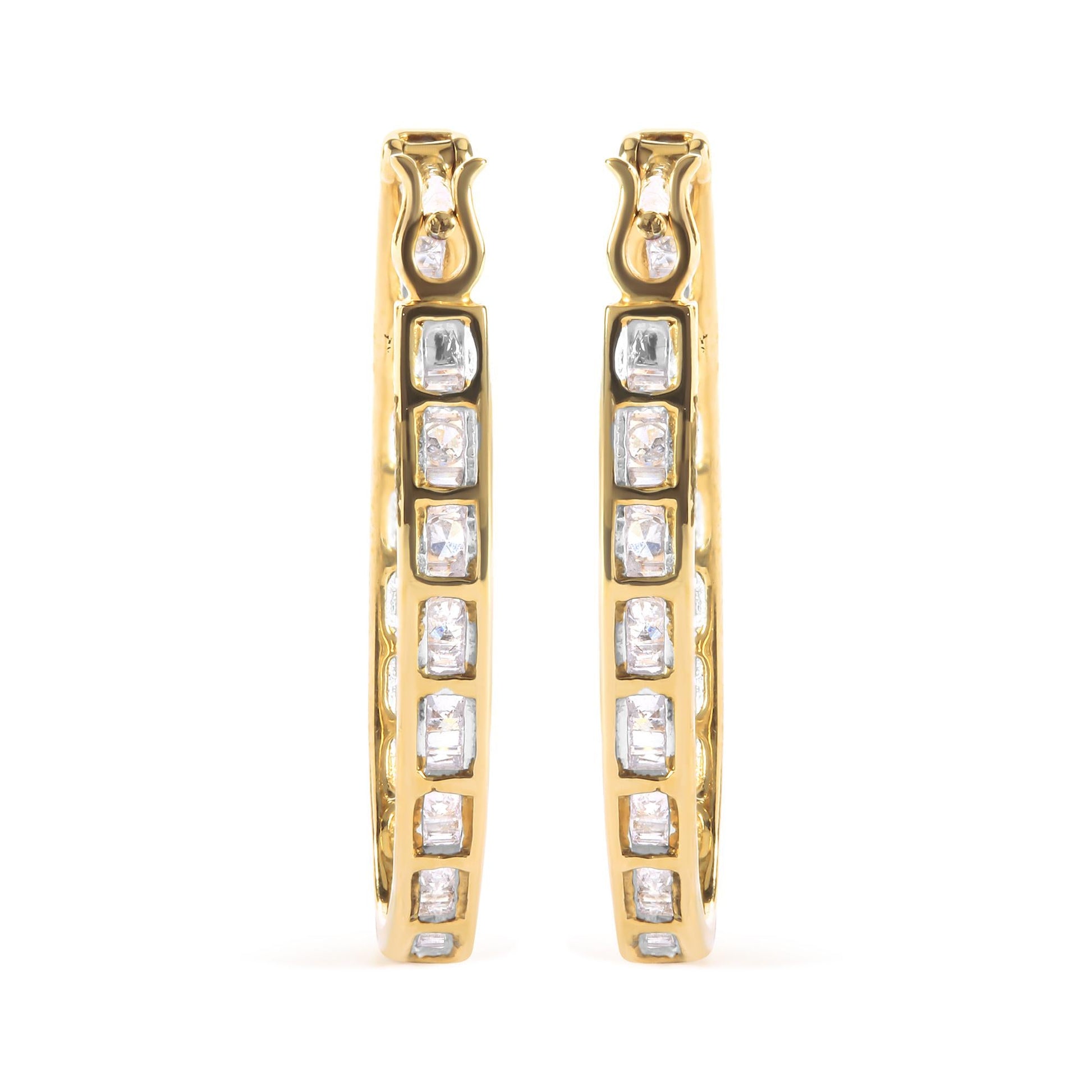 10K Yellow Gold 1.00 Cttw Round and Baguette-Cut Diamond U-Hoop Earrings (H-I Color, SI2-I1 Clarity)-3