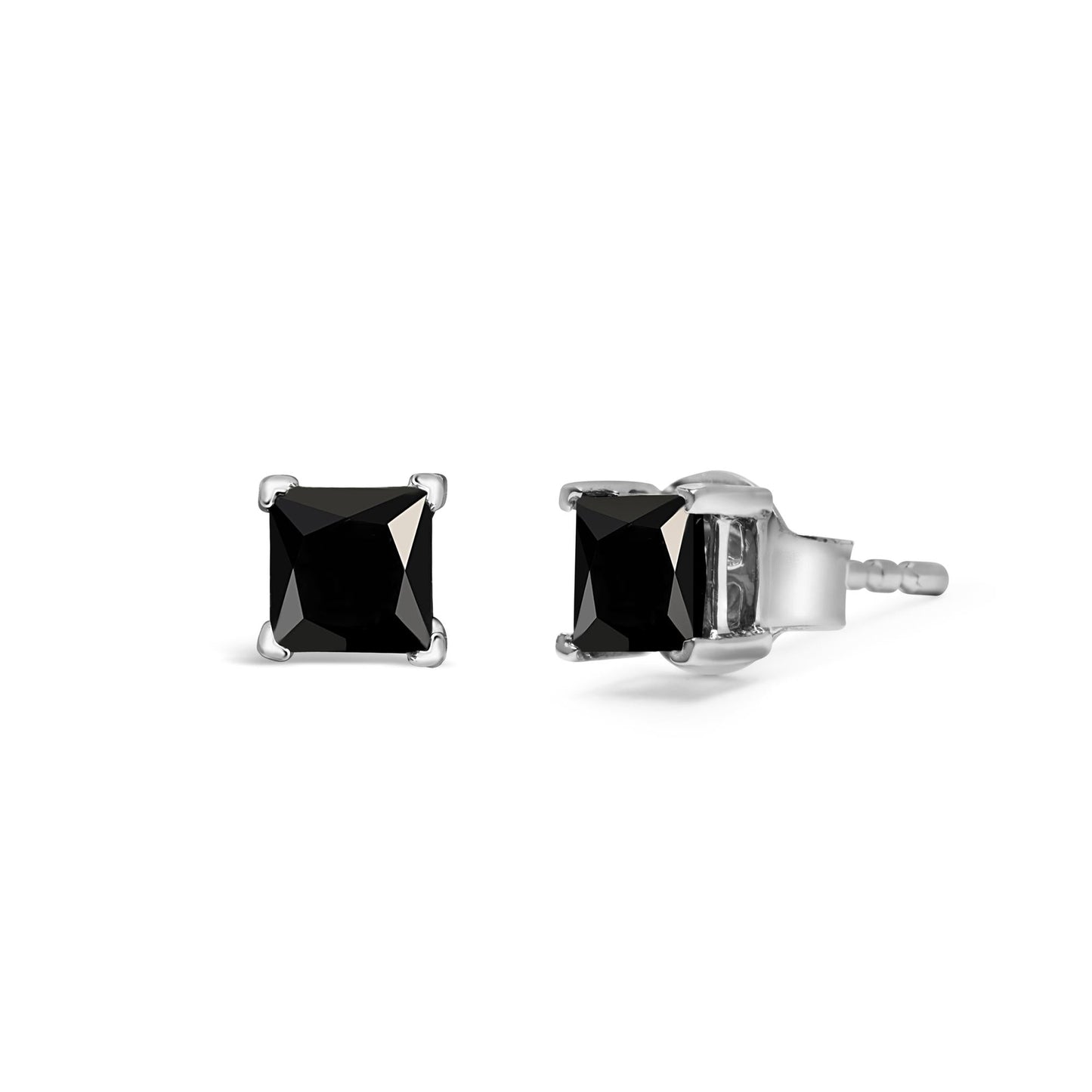 14K White Gold Princess-Cut Treated Black Diamond Classic 4-Prong Stud Earrings - Pushback-1
