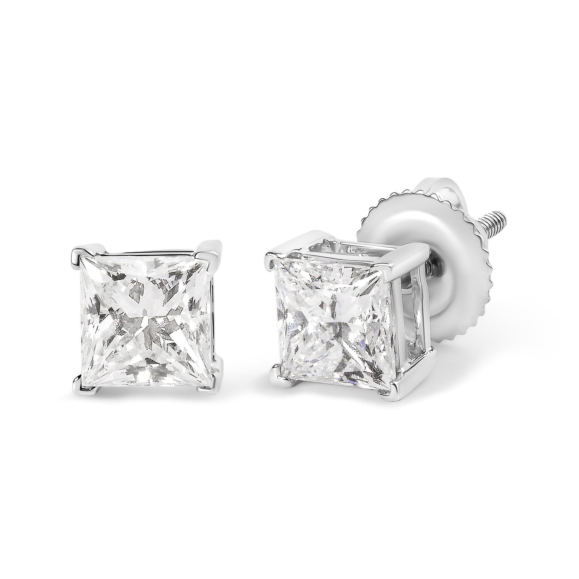 14K White Gold 1 1/2 Cttw Clarity Enhanced Princess Cut Diamond Solitaire Stud Earrings (I-J Color, I1-I2 Clarity)-1