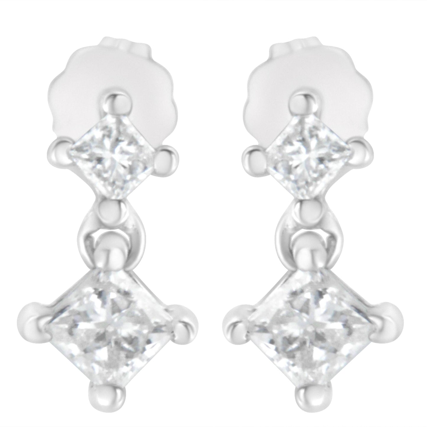 14K White Gold 3/4 cttw Double Diamond Princess-Cut Stud Earrings (I-J Clarity, I2-I3 Color)-1