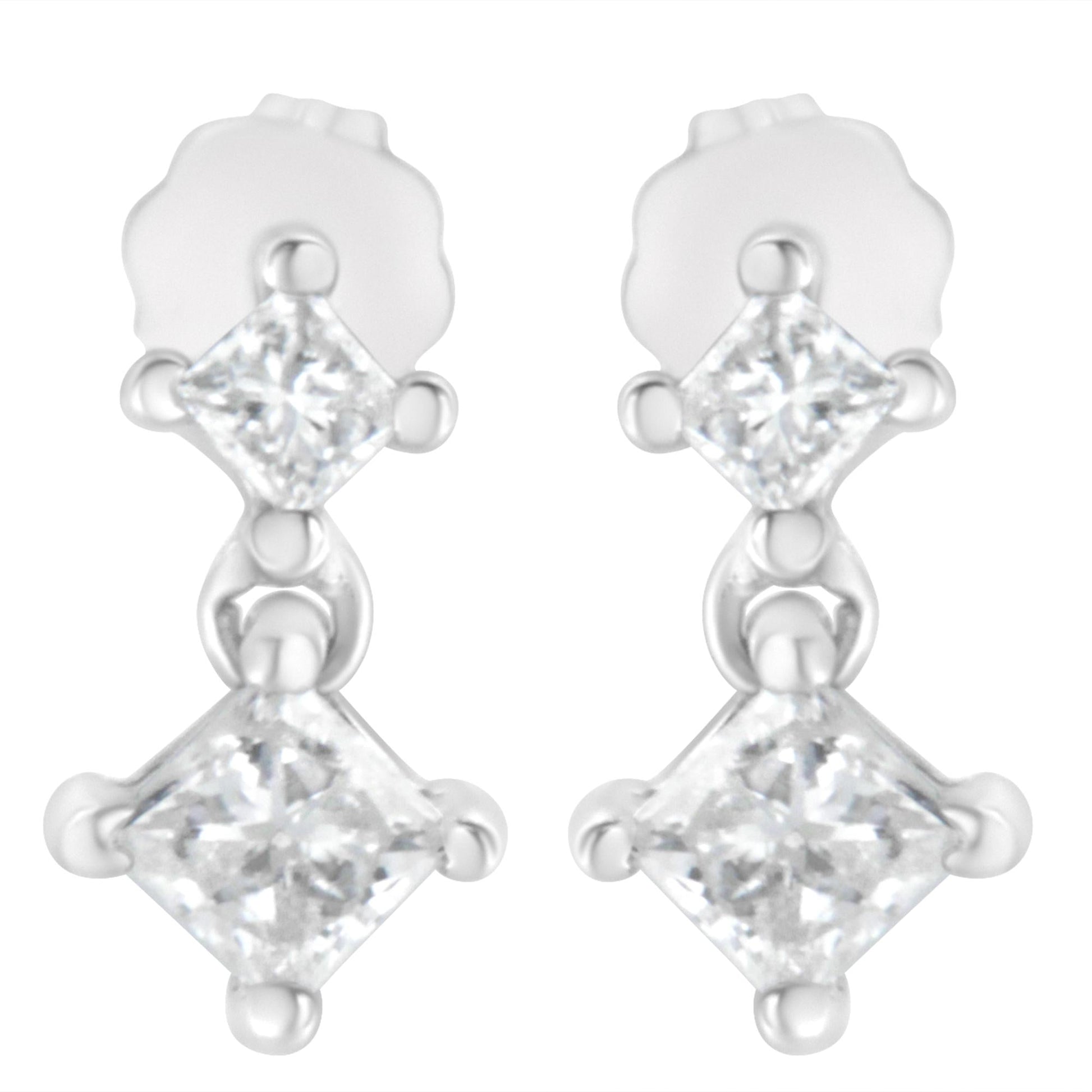 14K White Gold 3/4 cttw Double Diamond Princess-Cut Stud Earrings (I-J Clarity, I2-I3 Color)-1