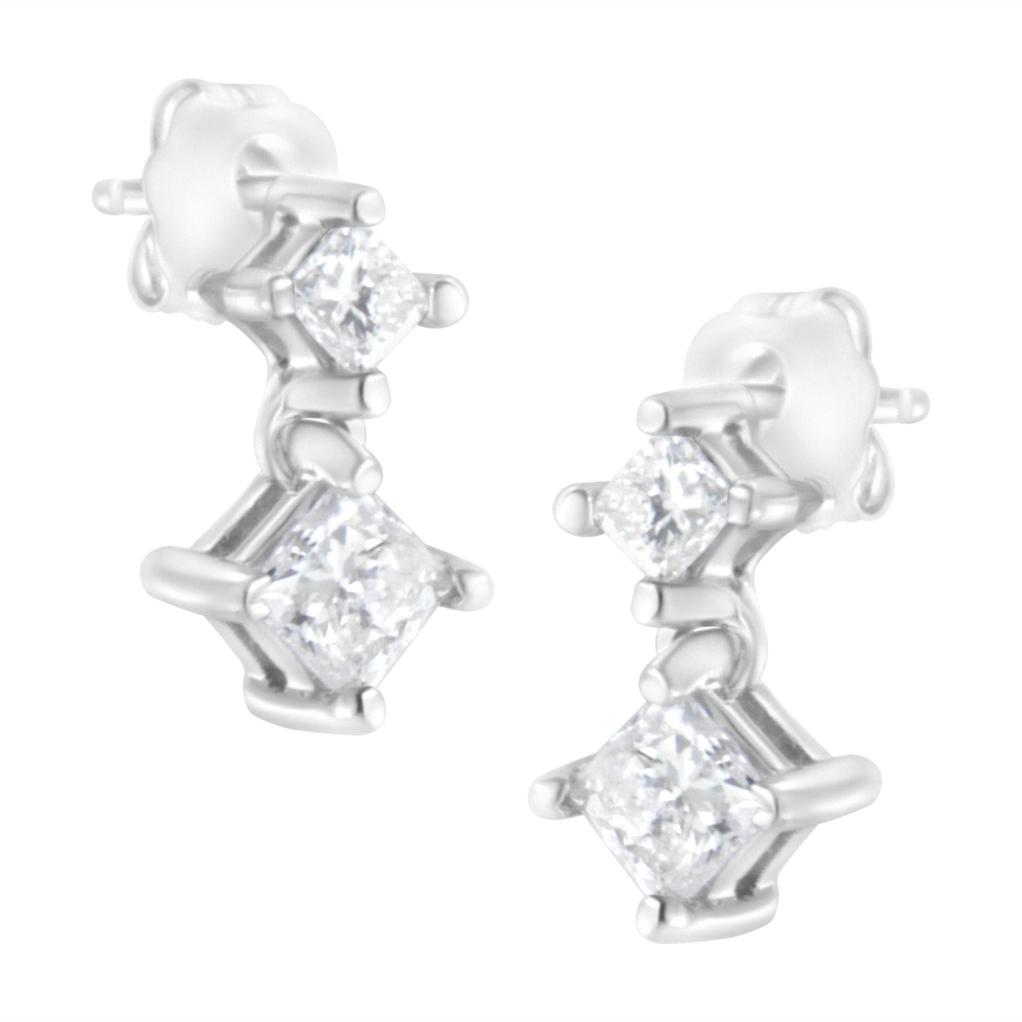 14K White Gold 3/4 cttw Double Diamond Princess-Cut Stud Earrings (I-J Clarity, I2-I3 Color)-0
