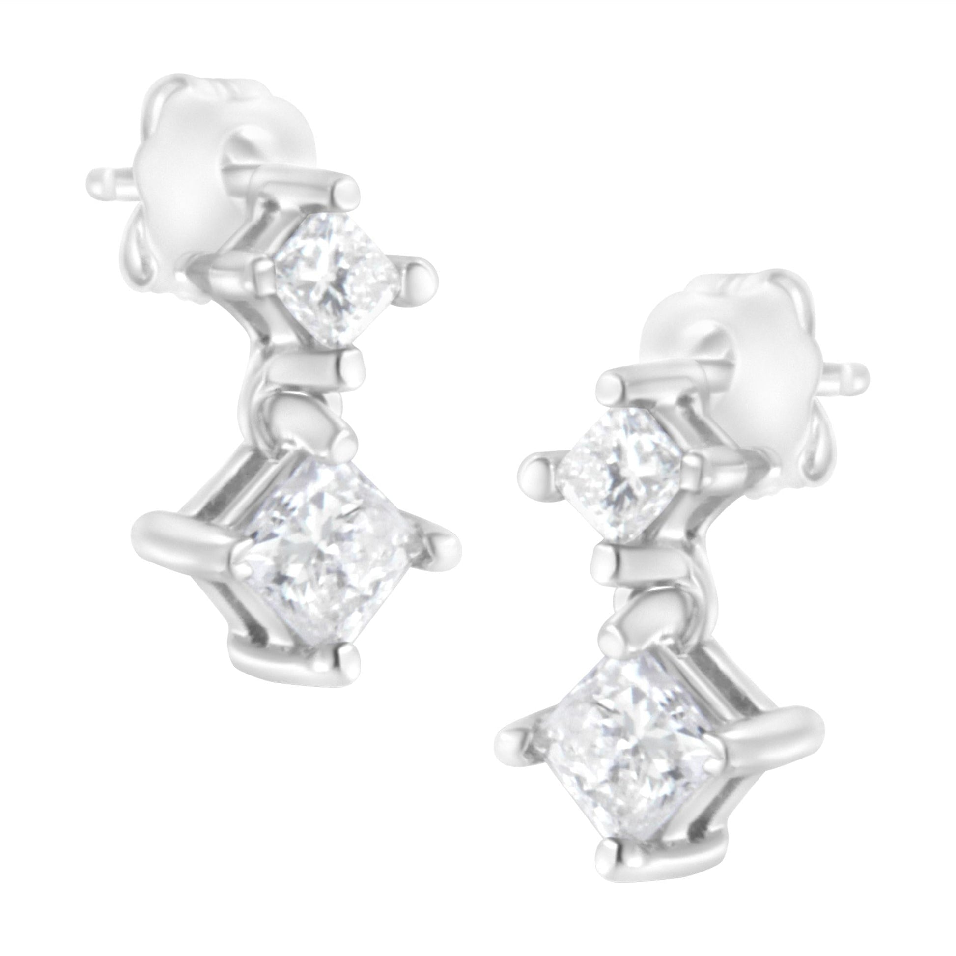 14K White Gold 3/4 cttw Double Diamond Princess-Cut Stud Earrings (I-J Clarity, I2-I3 Color)-0