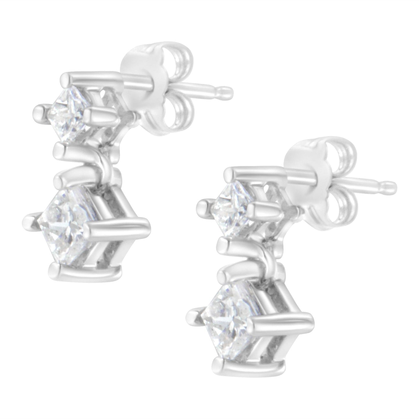 14K White Gold 3/4 cttw Double Diamond Princess-Cut Stud Earrings (I-J Clarity, I2-I3 Color)-3