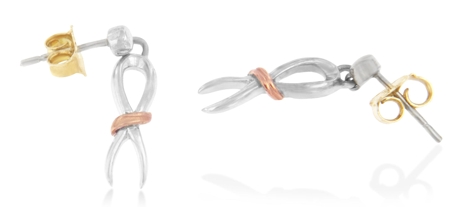 Two-Toned Sterling Silver Awareness Ribbon Dangle Earrings-1