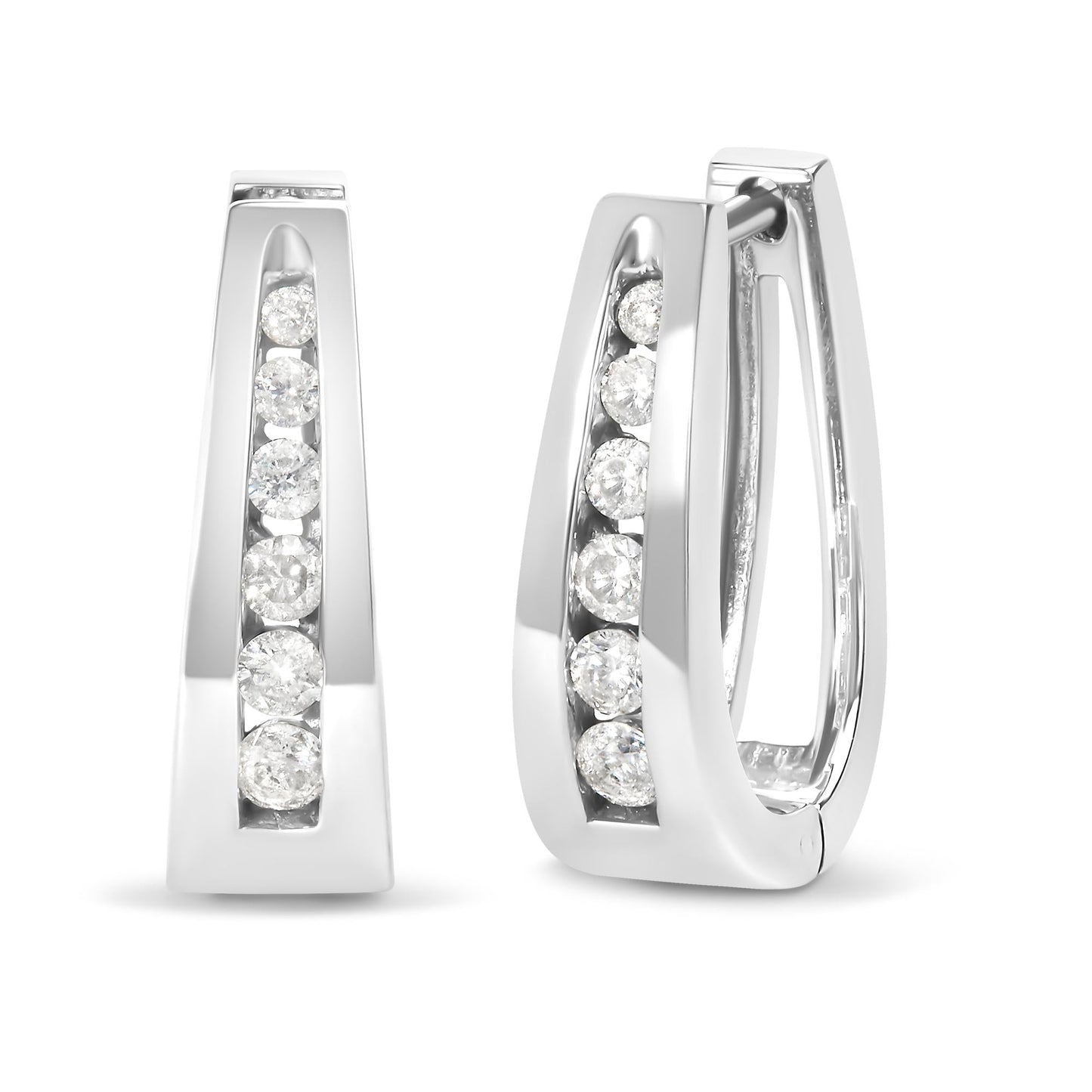 14k White Gold Channel-Set Brilliant Round-Cut Diamond Hoop Earrings (I-J Color, I2-I3 Clarity)-3