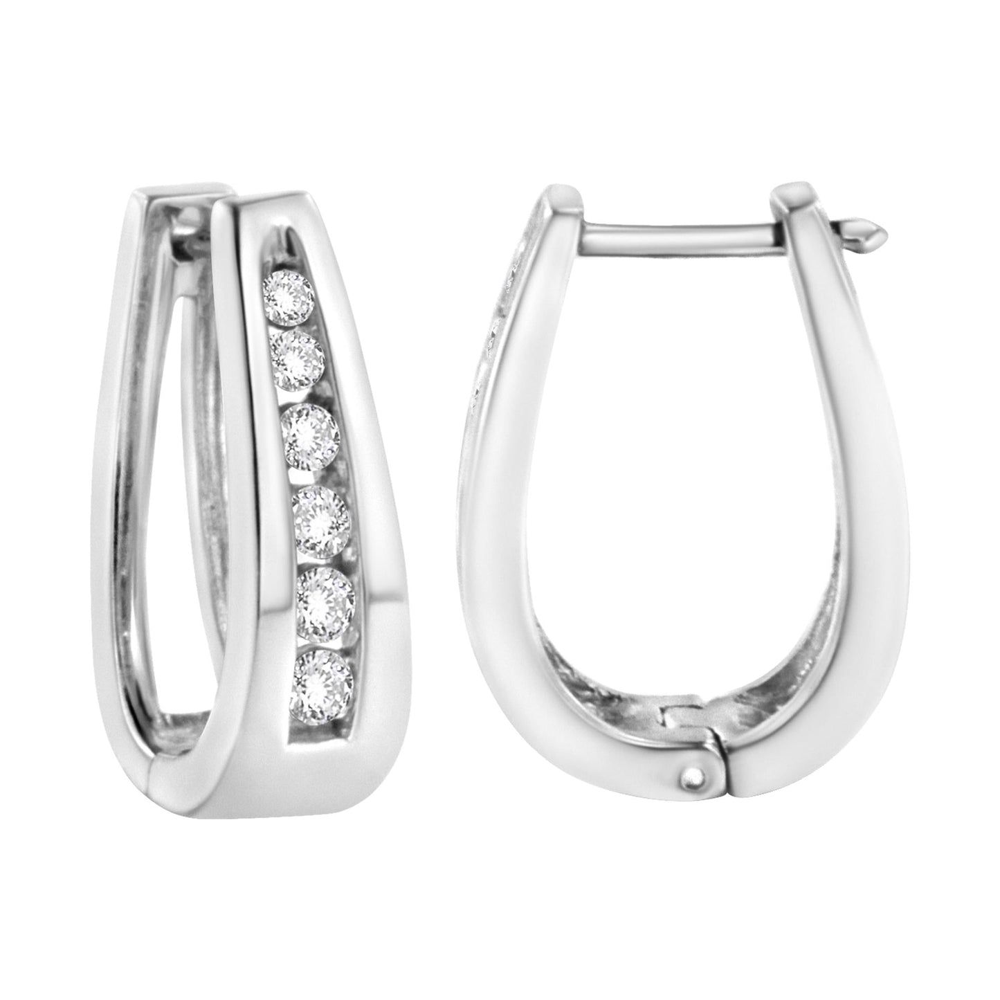 14k White Gold Channel-Set Brilliant Round-Cut Diamond Hoop Earrings (I-J Color, I2-I3 Clarity)-2