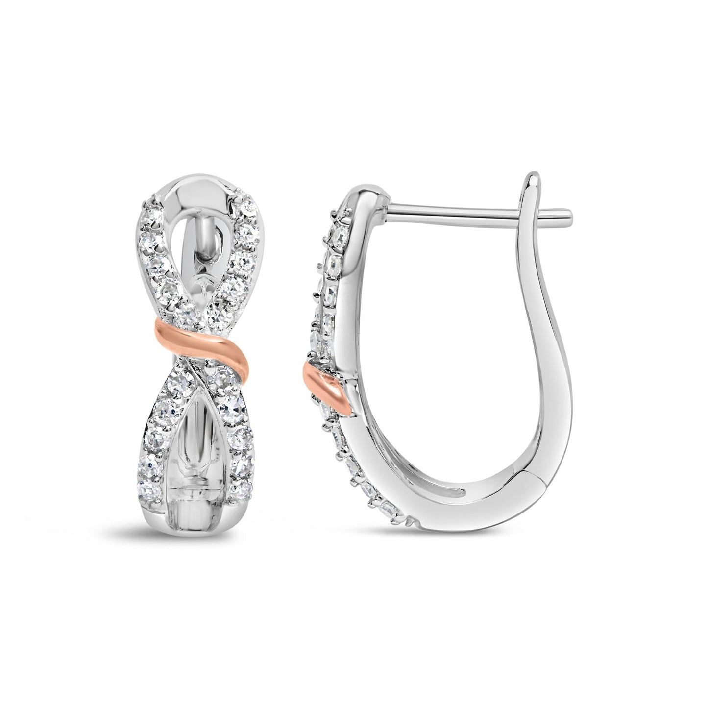 10K White and Rose Gold 1/3 Cttw Diamond Infinite and Ribbon Hoop Earrings (H-I Color, I1-I2 Clarity)-3