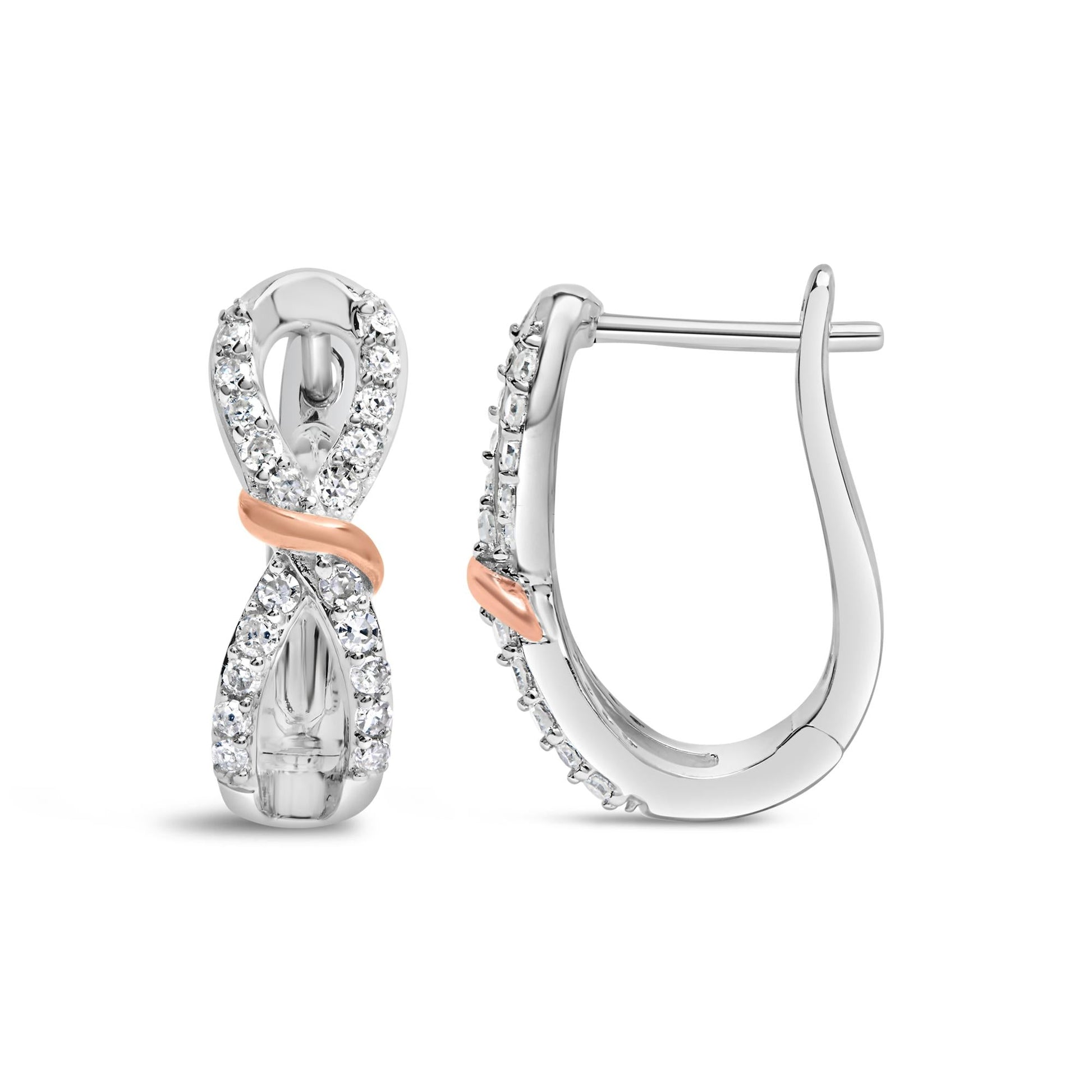 10K White and Rose Gold 1/3 Cttw Diamond Infinite and Ribbon Hoop Earrings (H-I Color, I1-I2 Clarity)-3