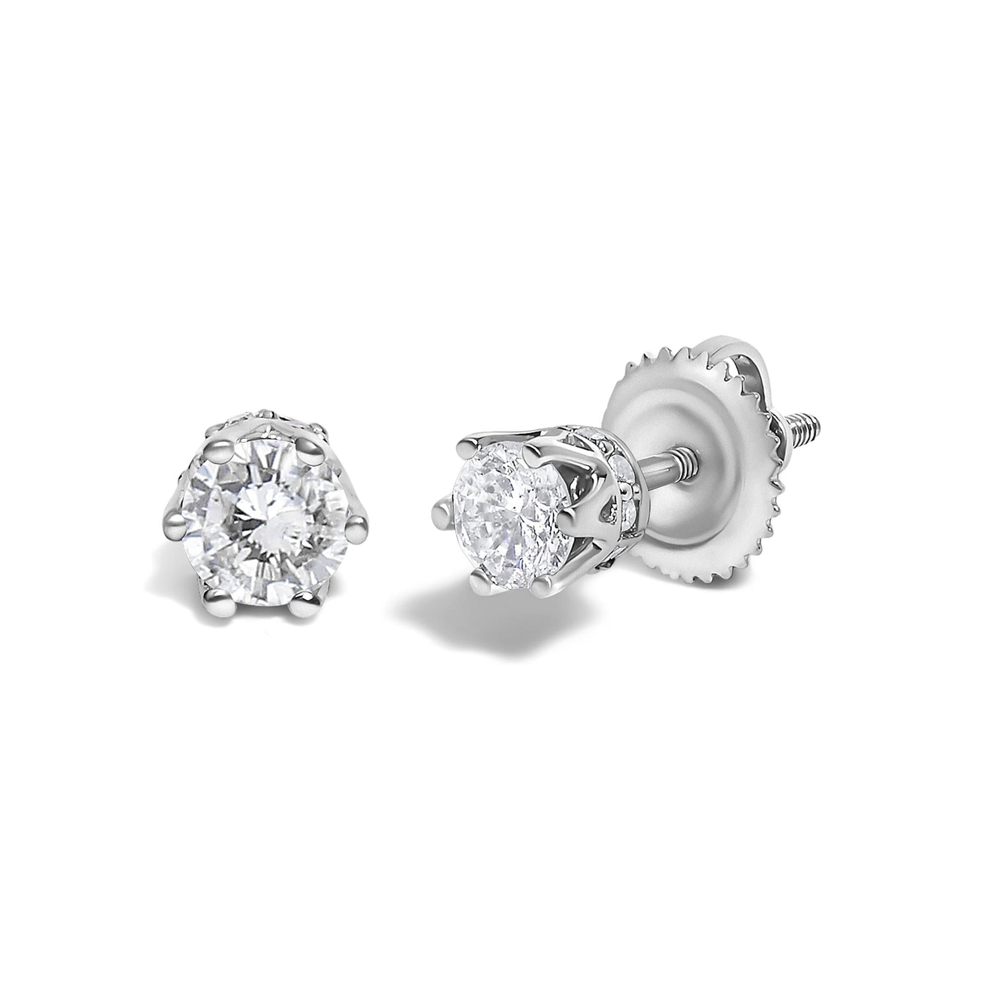 14K White Gold 1/2 Cttw Round Diamond 6 Prong Crown Stud Earrings (I-J Color, I1-I2 Clarity)-1