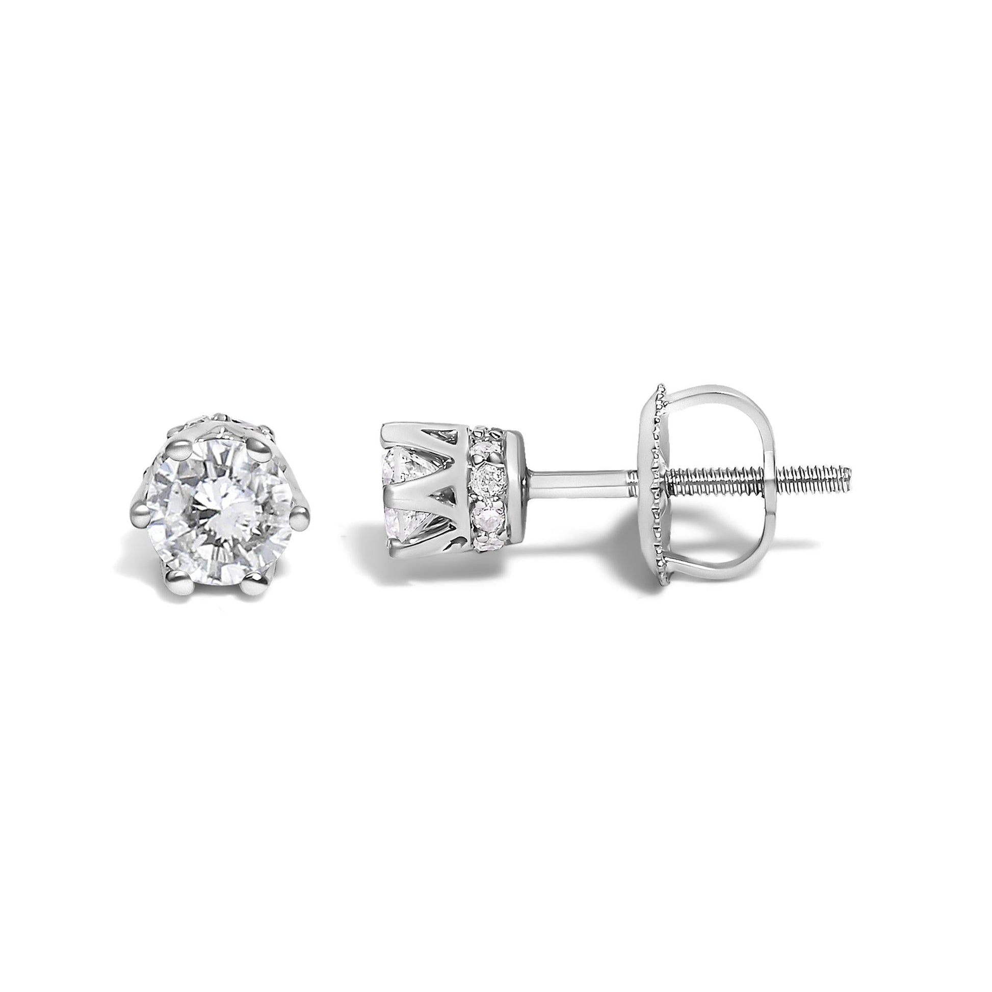 14K White Gold 1/2 Cttw Round Diamond 6 Prong Crown Stud Earrings (I-J Color, I1-I2 Clarity)-3