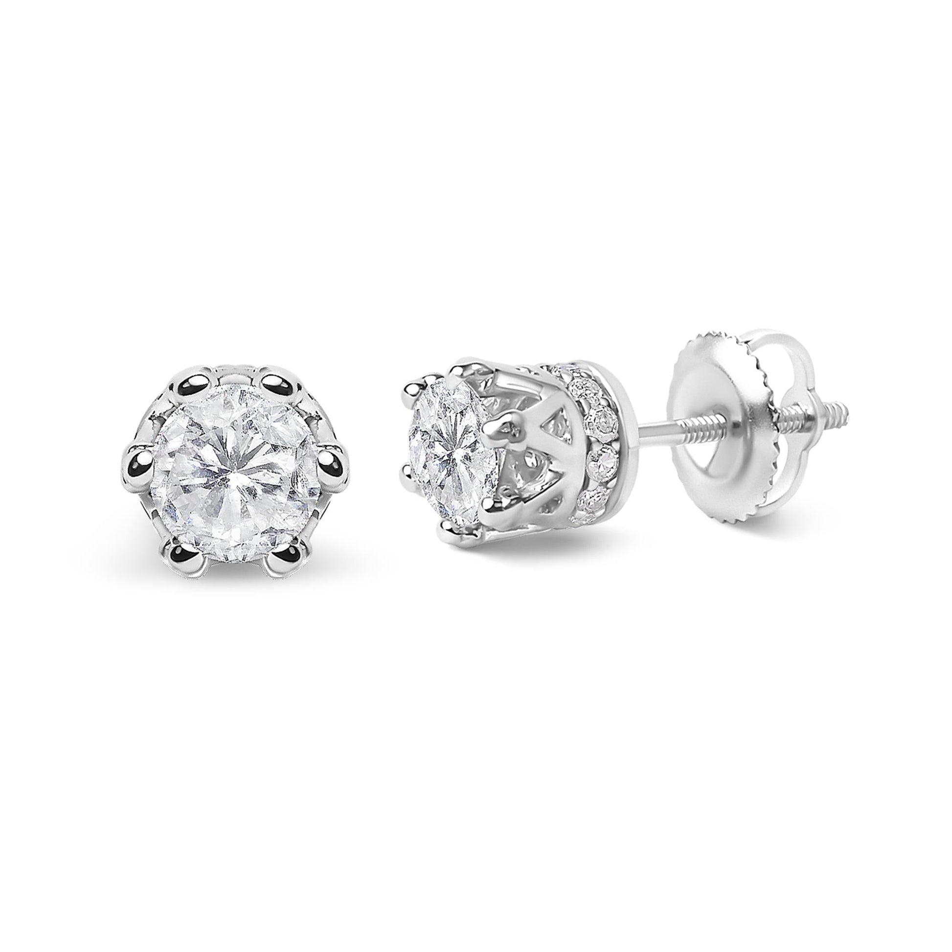14K White Gold 1.0 Cttw Round Cut Prong-Set Diamond Crown Stud Earring (I-J Color, I1-I2 Clarity)-1