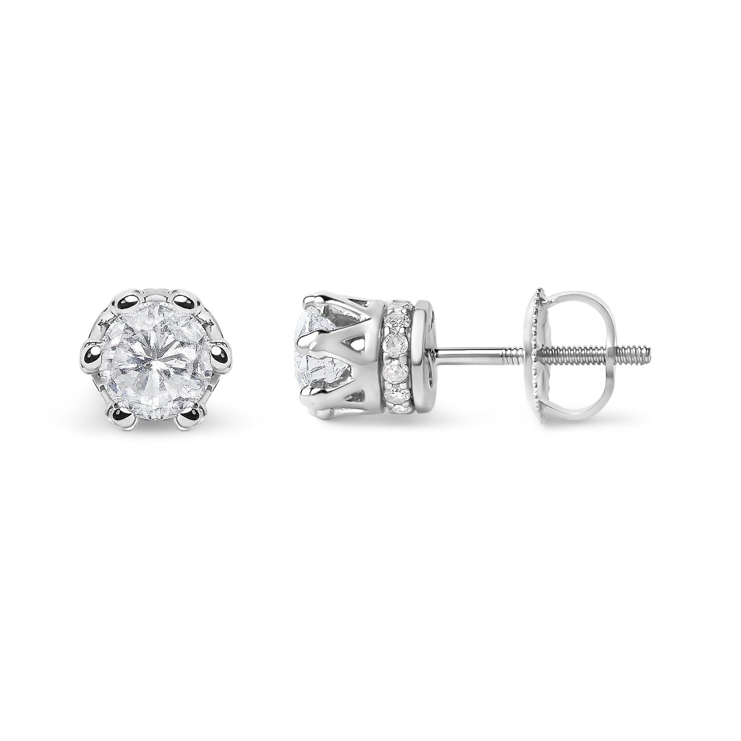 14K White Gold 2.0 Cttw Round Cut Prong-Set Diamond Crown Stud Earring (I-J Color, I1-I2 Clarity)-3