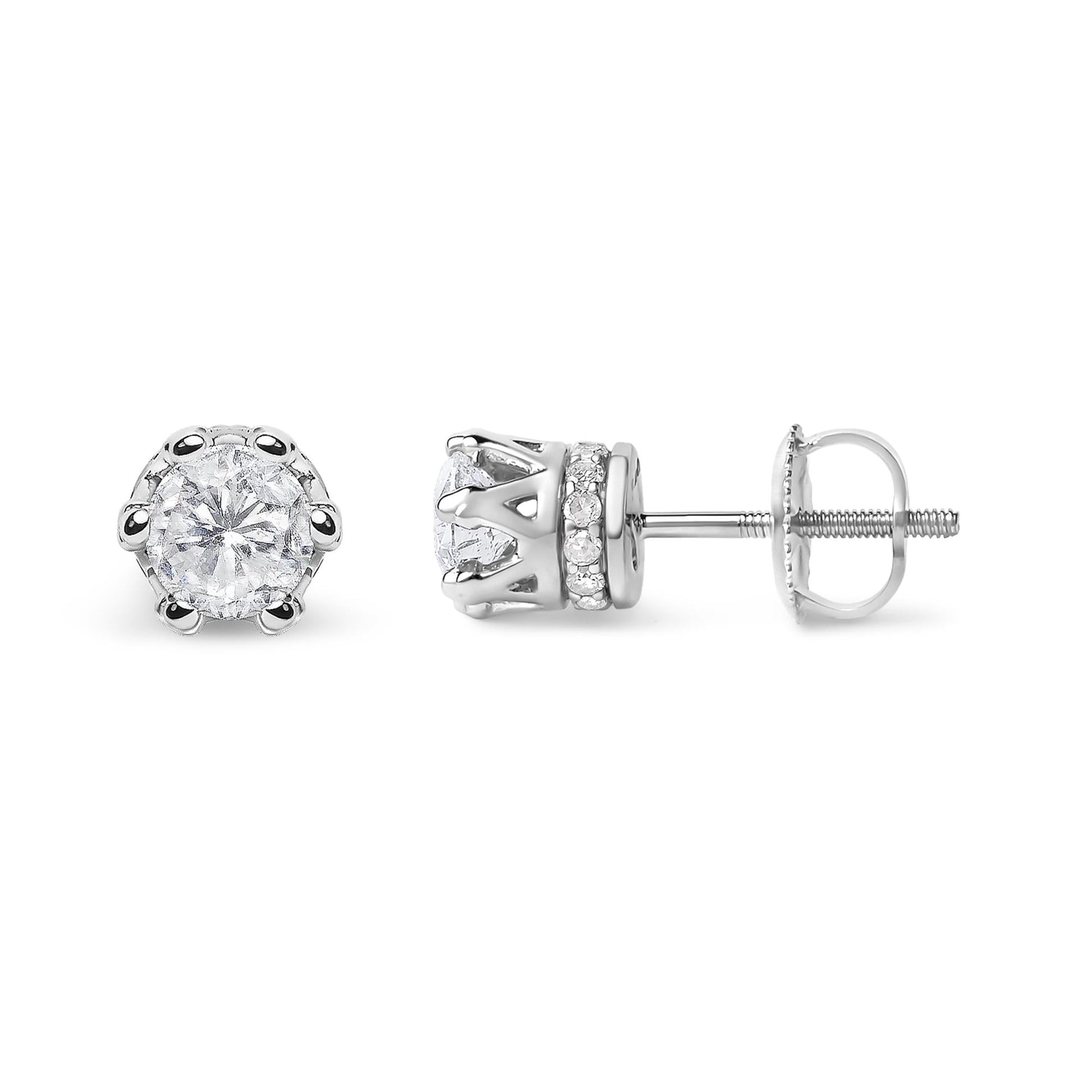 14K White Gold 2.0 Cttw Round Cut Prong-Set Diamond Crown Stud Earring (I-J Color, I1-I2 Clarity)-3