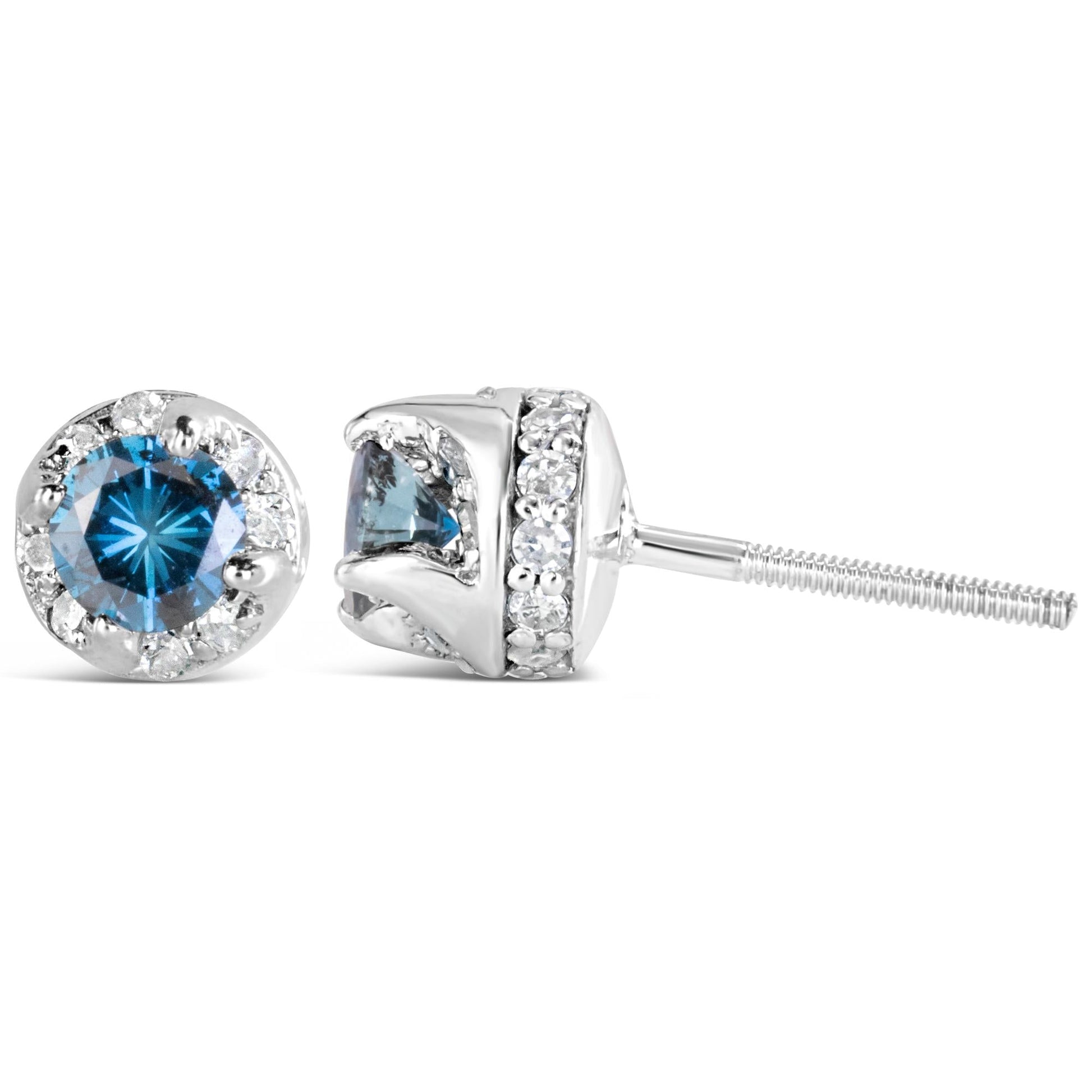 14K White Gold 1.00 Cttw Treated Blue and White Diamond Hidden Halo Stud Earrings (Blue/I-J Color, I2-I3 Clarity)-3