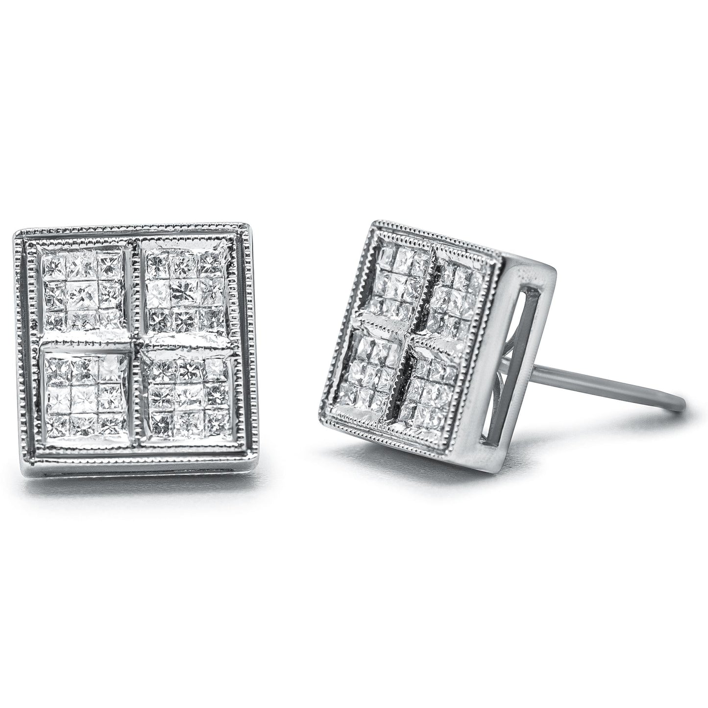 14K White Gold 1/2 Cttw Princess Diamond Composite Box Shape Milgrain Stud Earrings (H-I Color, SI1-SI2 Clarity)-0