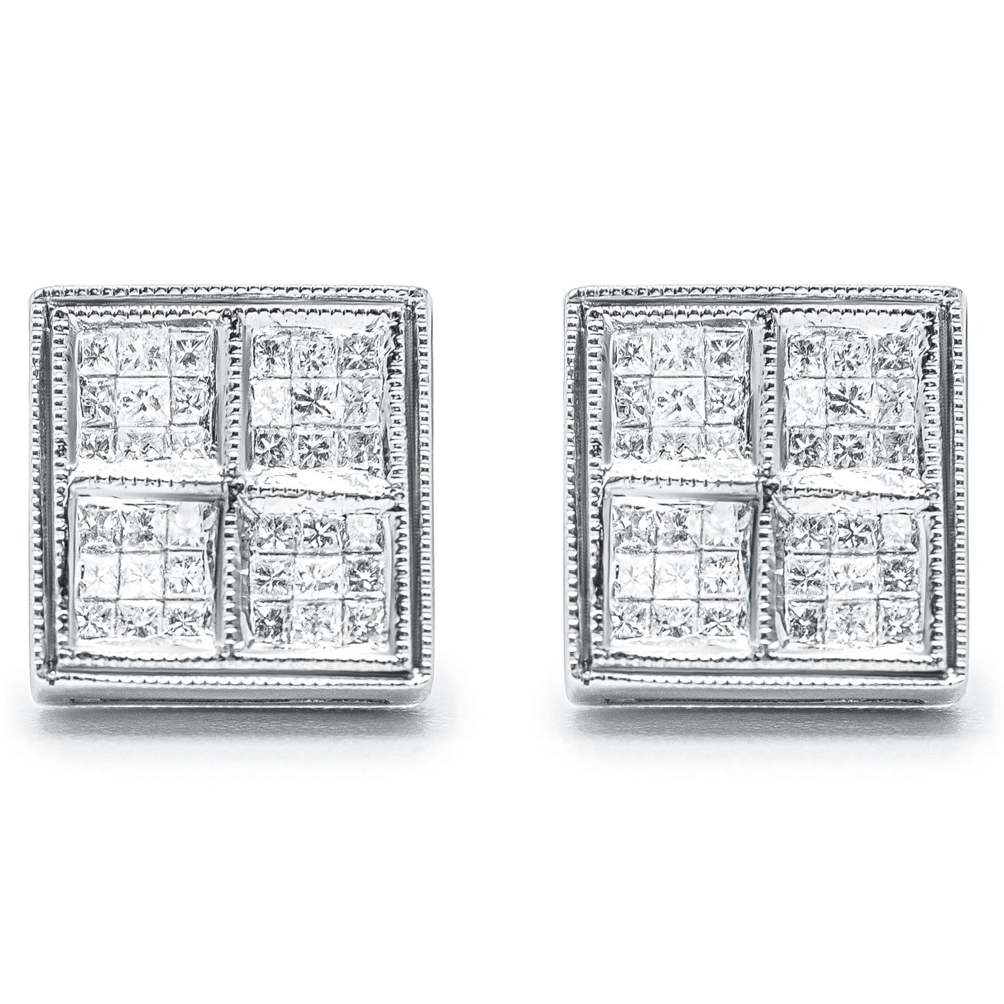 14K White Gold 1/2 Cttw Princess Diamond Composite Box Shape Milgrain Stud Earrings (H-I Color, SI1-SI2 Clarity)-1