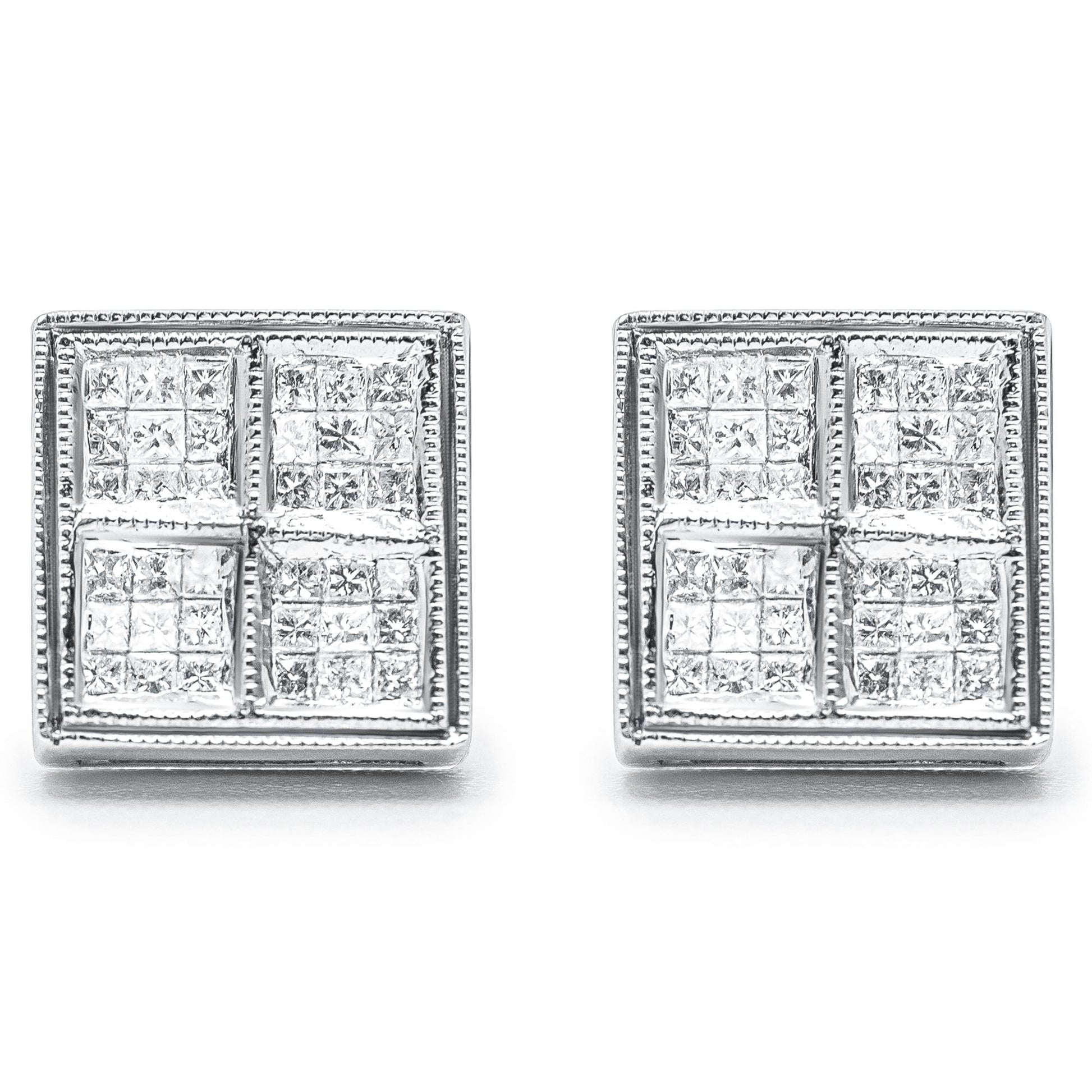 14K White Gold 1/2 Cttw Princess Diamond Composite Box Shape Milgrain Stud Earrings (H-I Color, SI1-SI2 Clarity)-1
