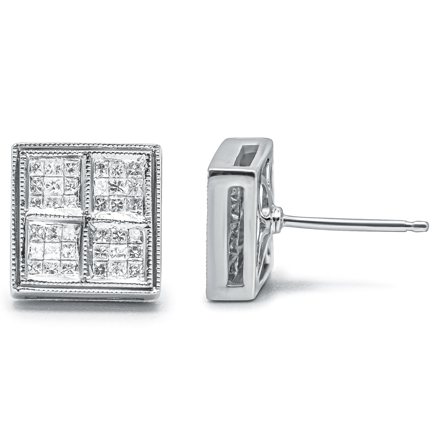 14K White Gold 1/2 Cttw Princess Diamond Composite Box Shape Milgrain Stud Earrings (H-I Color, SI1-SI2 Clarity)-3