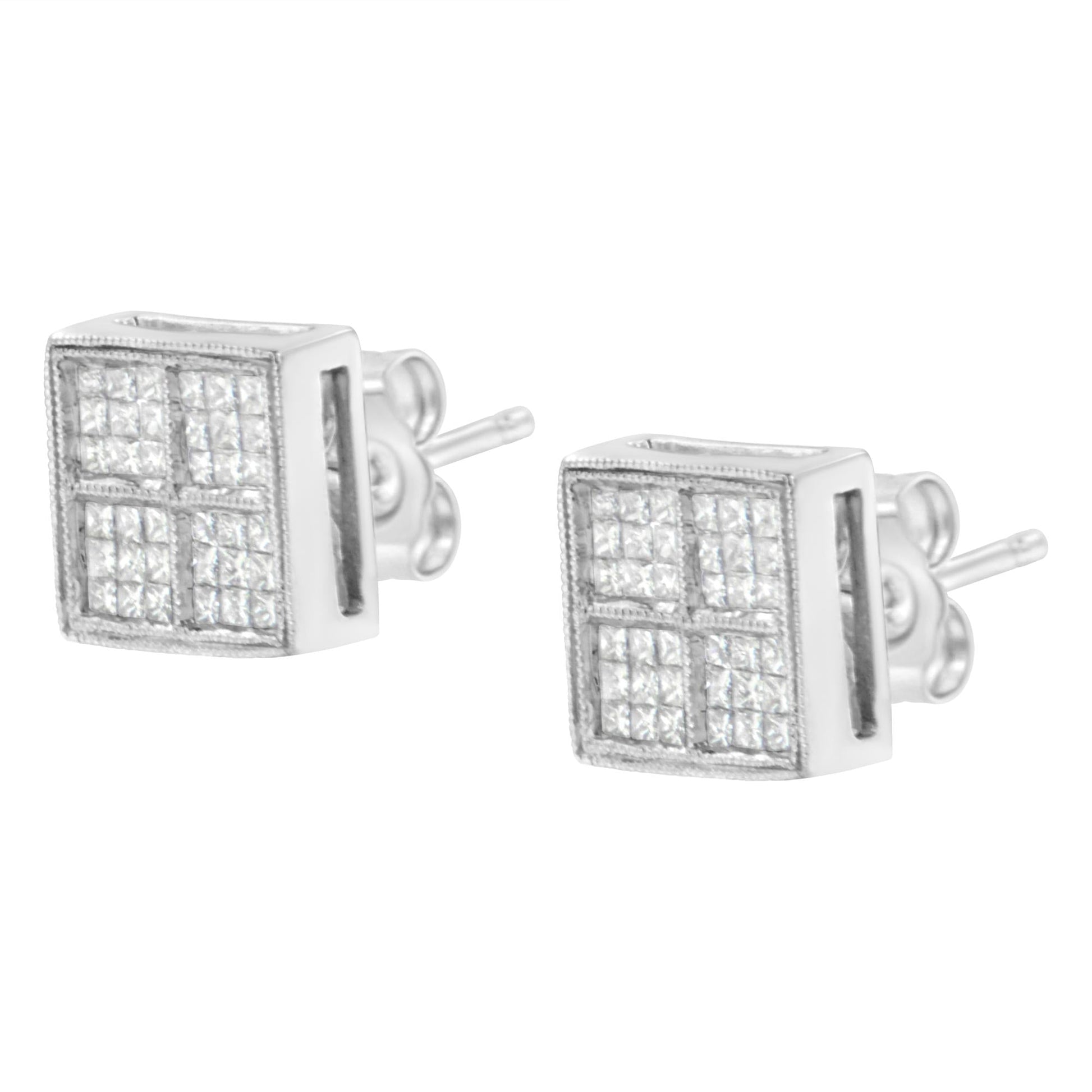 14K White Gold 1/2 Cttw Princess Diamond Composite Box Shape Milgrain Stud Earrings (H-I Color, SI1-SI2 Clarity)-4