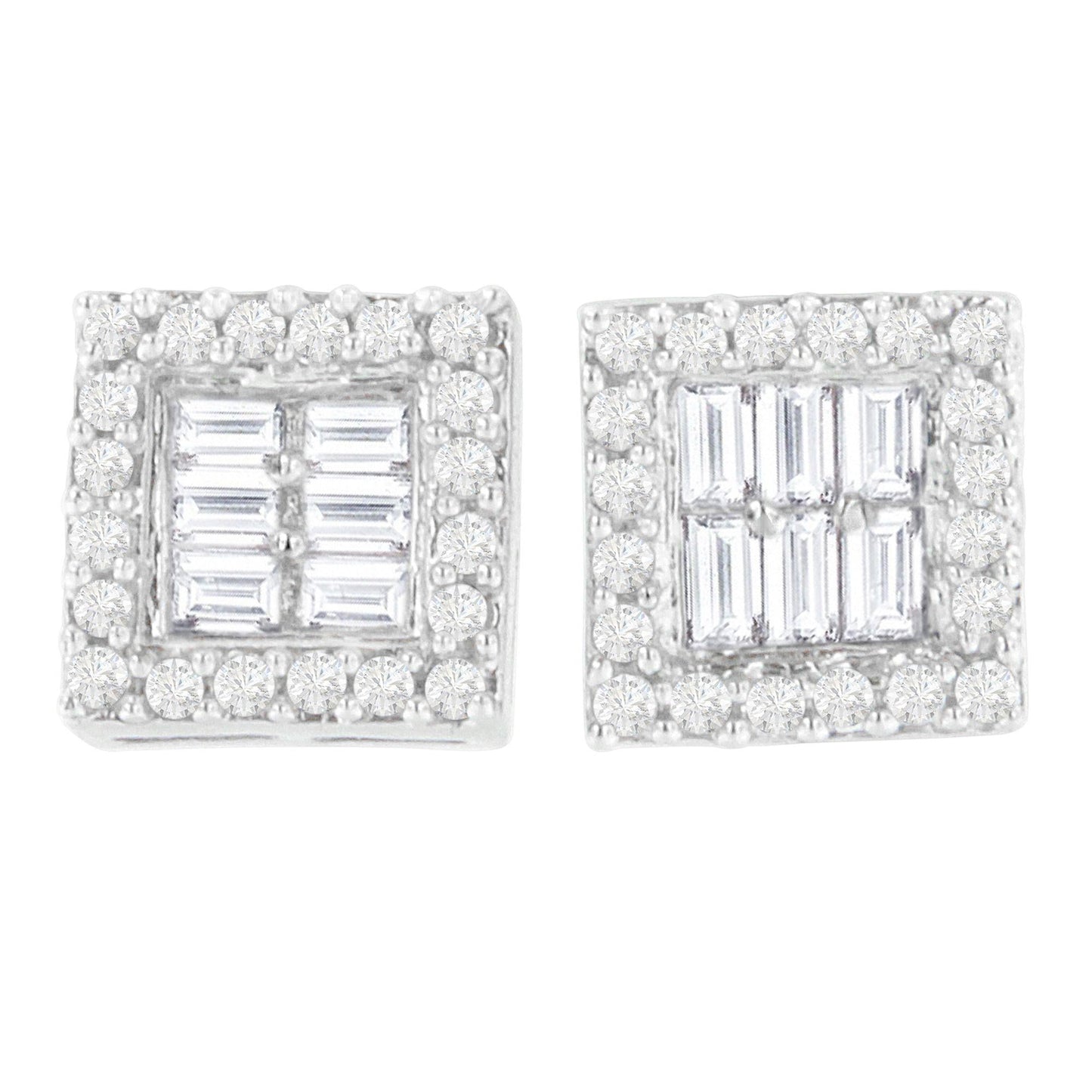14K White Gold 1 cttw Round and Baguette Diamond Stud Earrings (H-I, SI1-SI2)-0